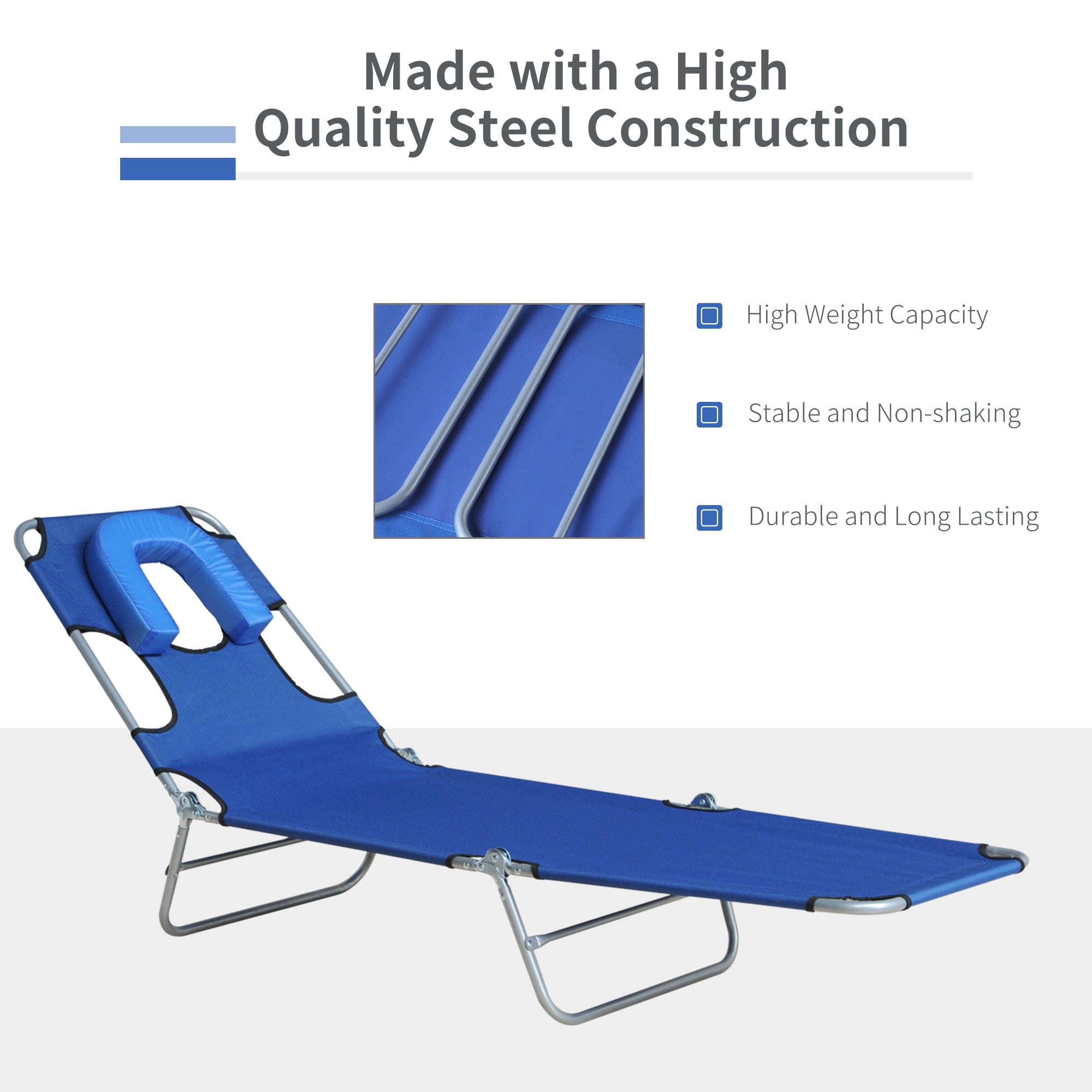 Outsunny Outdoor Lounge Chair, Adjustable Folding Chaise Lounge with Face Cavity, Tanning Chair Sun Lounger Bed Recliner, Blue