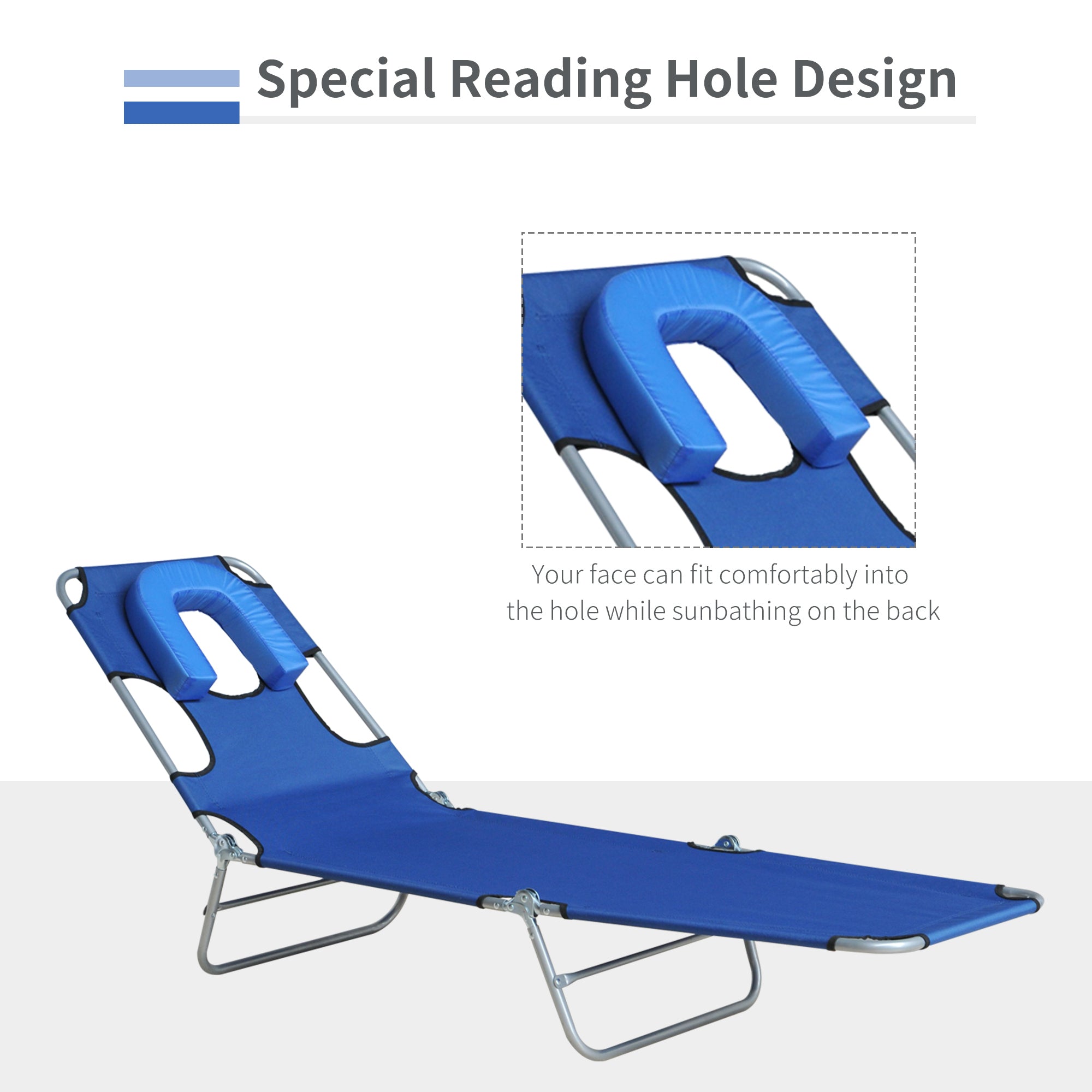 Outsunny Outdoor Lounge Chair, Adjustable Folding Chaise Lounge with Face Cavity, Tanning Chair Sun Lounger Bed Recliner, Blue