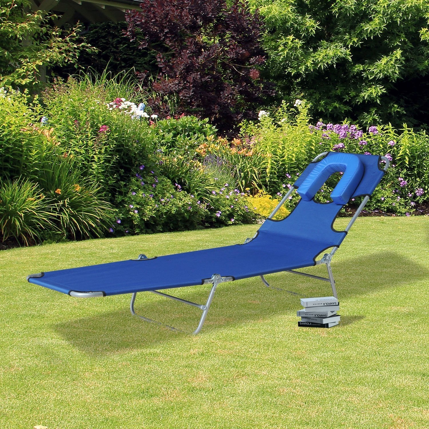 Outsunny Outdoor Lounge Chair, Adjustable Folding Chaise Lounge with Face Cavity, Tanning Chair Sun Lounger Bed Recliner, Blue