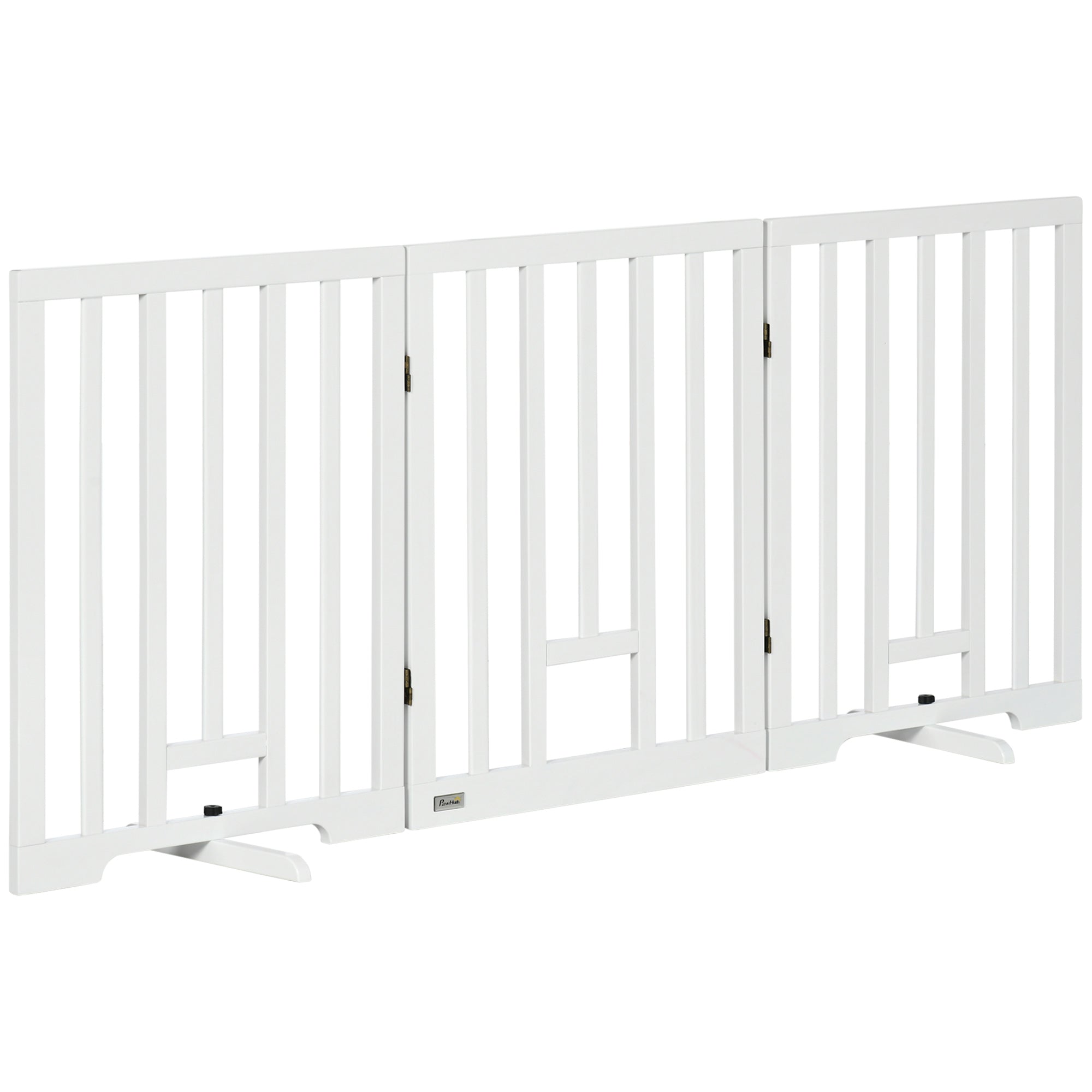 PawHut Freestanding Pet Gate with 2PCS Support Feet, 3 Panels Folding Dog Gates for the House Doorway Stairs, with Cat Door, Expands up to 71.3" Wide, 29.9" Tall, White