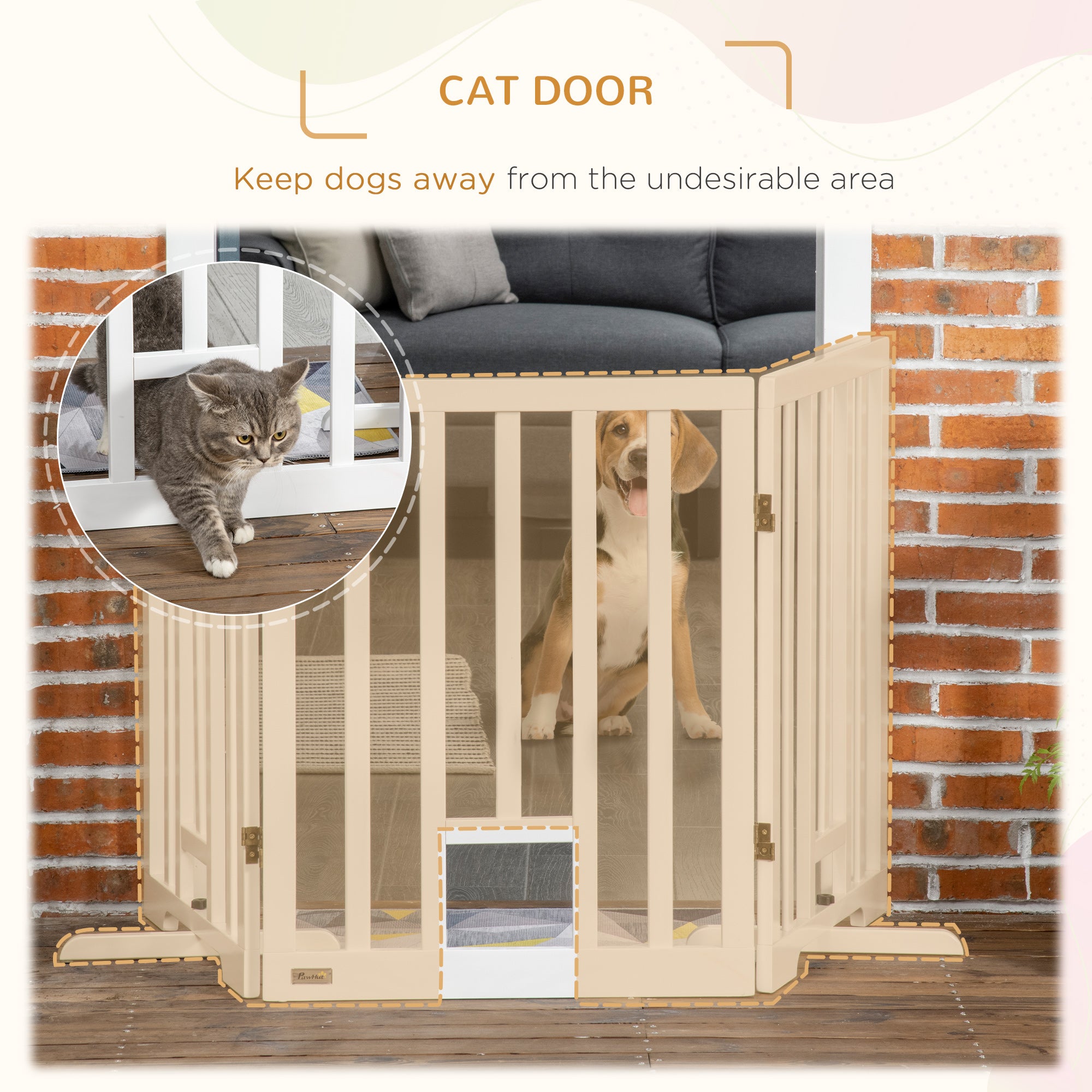 PawHut Freestanding Pet Gate with 2PCS Support Feet, 3 Panels Folding Dog Gates for the House Doorway Stairs, with Cat Door, Expands up to 71.3" Wide, 29.9" Tall, White
