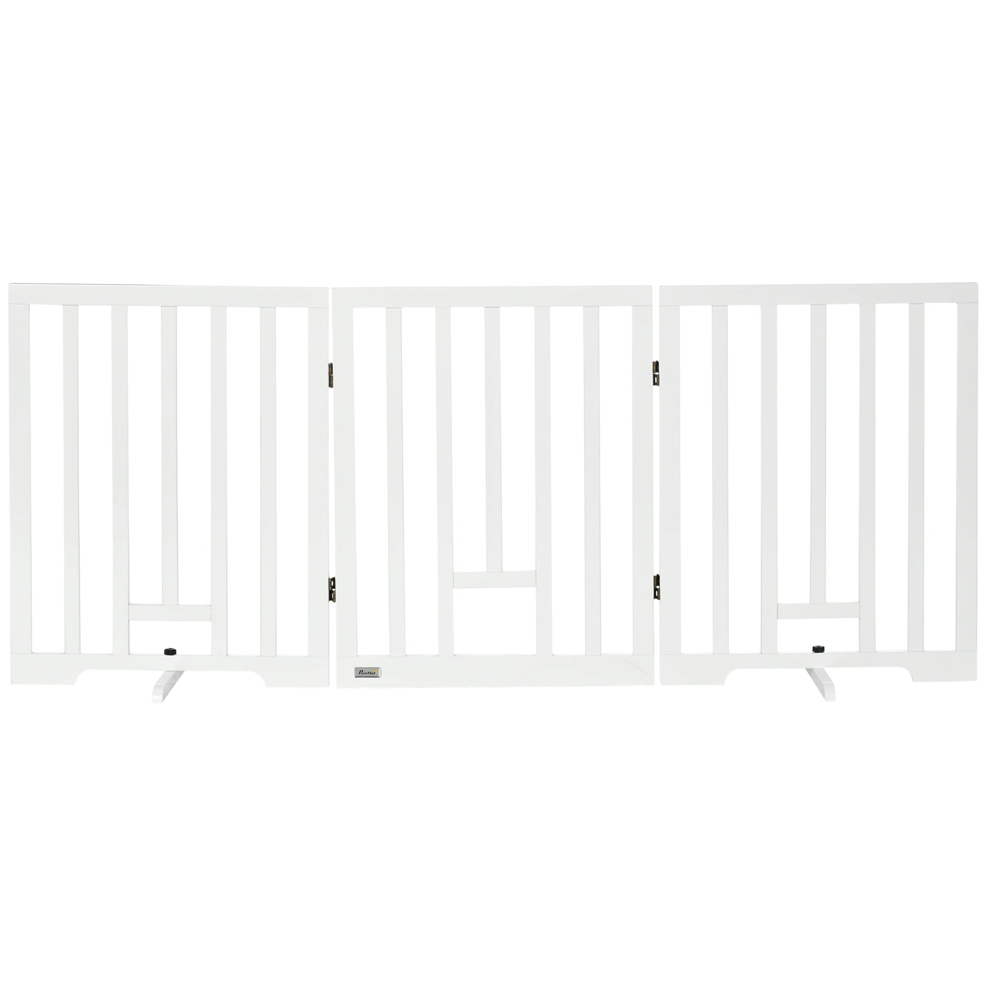 PawHut Freestanding Pet Gate with 2PCS Support Feet, 3 Panels Folding Dog Gates for the House Doorway Stairs, with Cat Door, Expands up to 71.3" Wide, 29.9" Tall, White