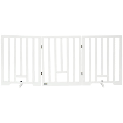 PawHut Freestanding Pet Gate with 2PCS Support Feet, 3 Panels Folding Dog Gates for the House Doorway Stairs, with Cat Door, Expands up to 71.3" Wide, 29.9" Tall, White