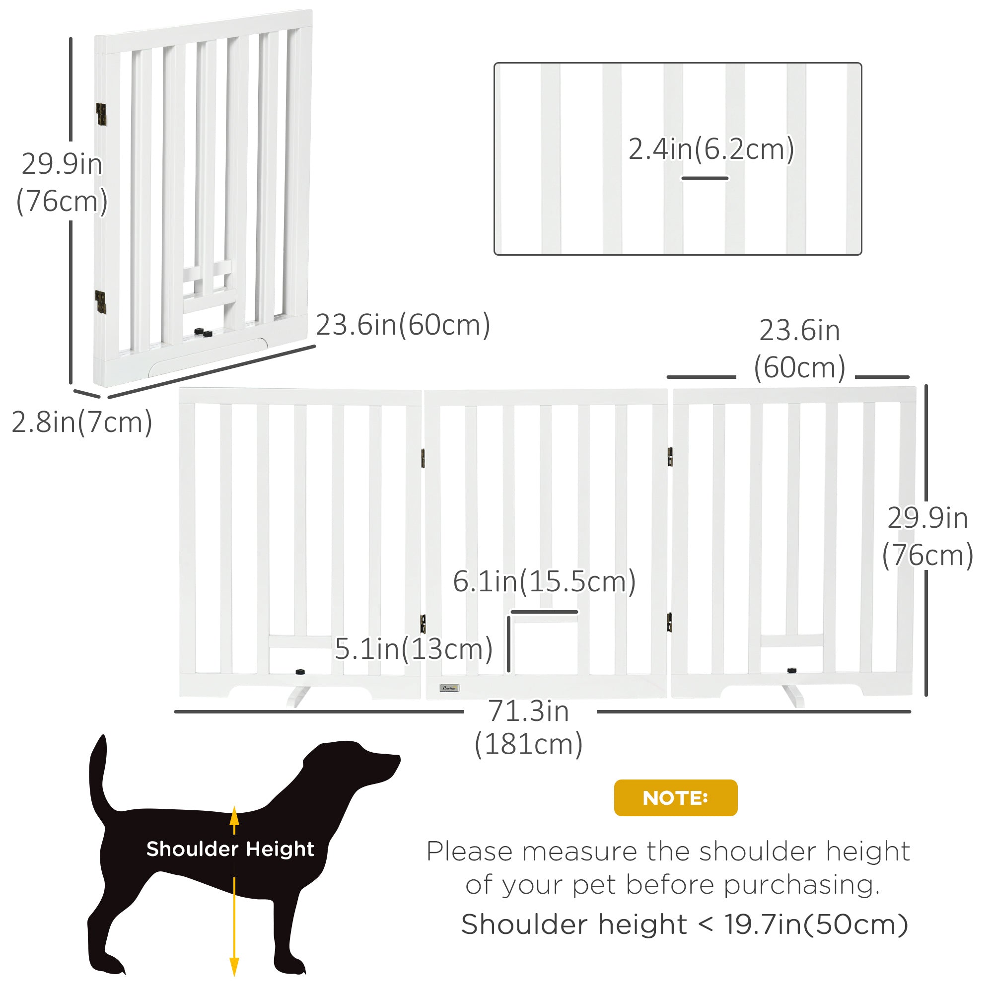 PawHut Freestanding Pet Gate with 2PCS Support Feet, 3 Panels Folding Dog Gates for the House Doorway Stairs, with Cat Door, Expands up to 71.3" Wide, 29.9" Tall, White
