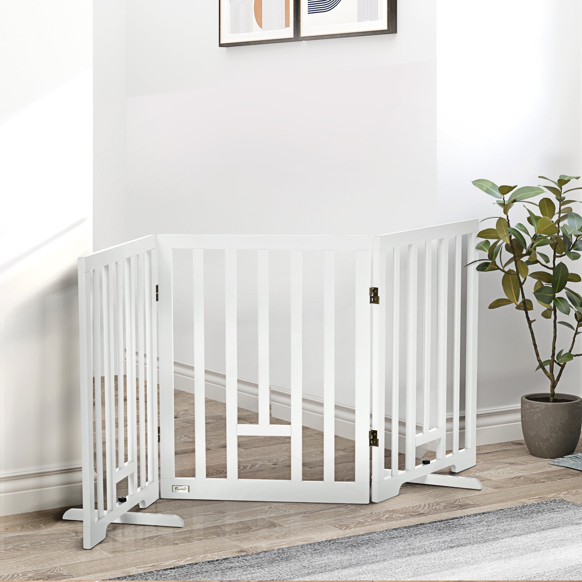 PawHut Freestanding Pet Gate with 2PCS Support Feet, 3 Panels Folding Dog Gates for the House Doorway Stairs, with Cat Door, Expands up to 71.3" Wide, 29.9" Tall, White