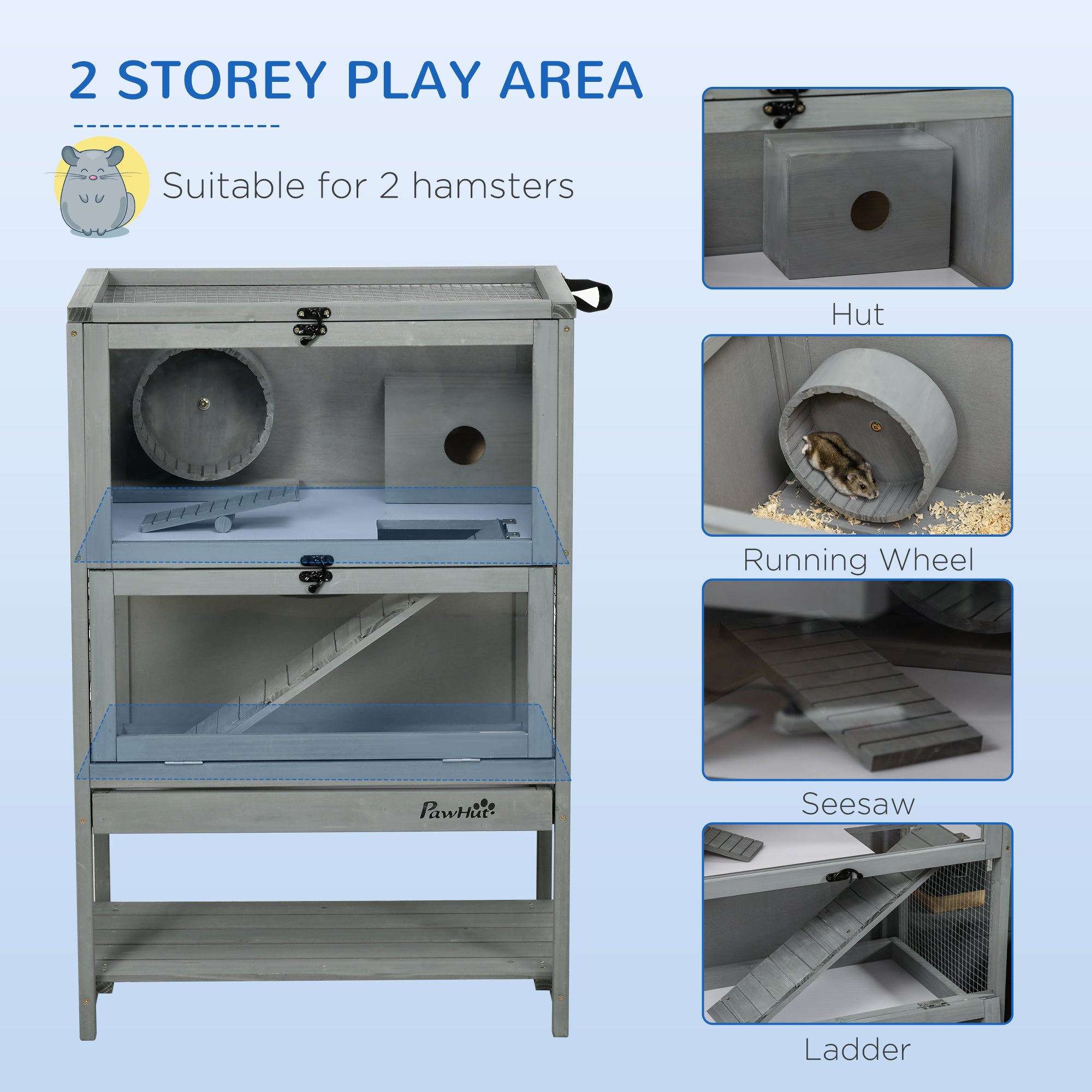 PawHut Wooden Hamster Cage, Mice Rodent Small Animals Kit Hutch, 2-Tier Exercise Play House, with Storage Shelf, Sliding Tray, Seesaw, Running Wheel, Lockable Roof, 23.5