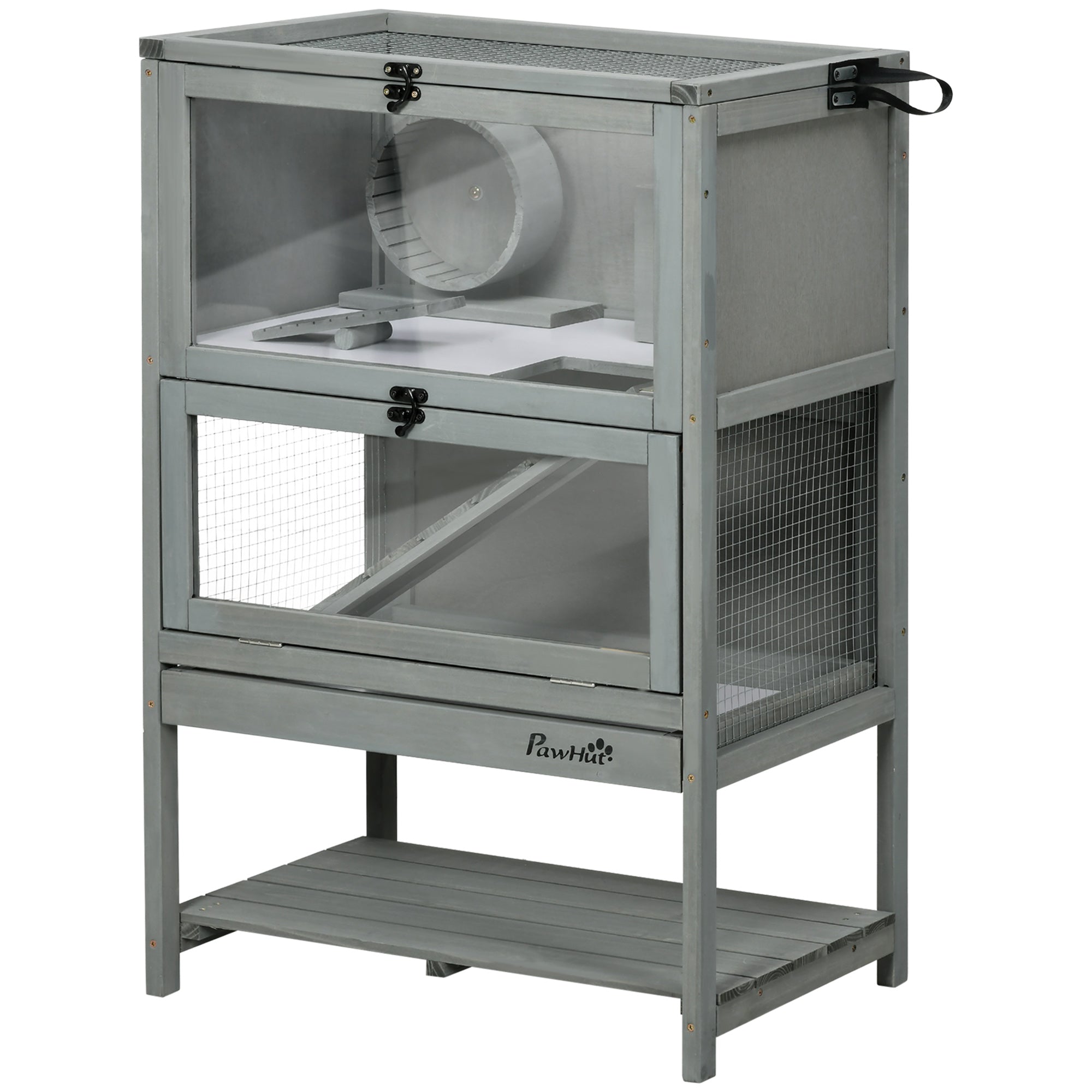 PawHut Wooden Hamster Cage, Mice Rodent Small Animals Kit Hutch, 2-Tier Exercise Play House, with Storage Shelf, Sliding Tray, Seesaw, Running Wheel, Lockable Roof, 23.5" x 15.75" x 35.5", Grey