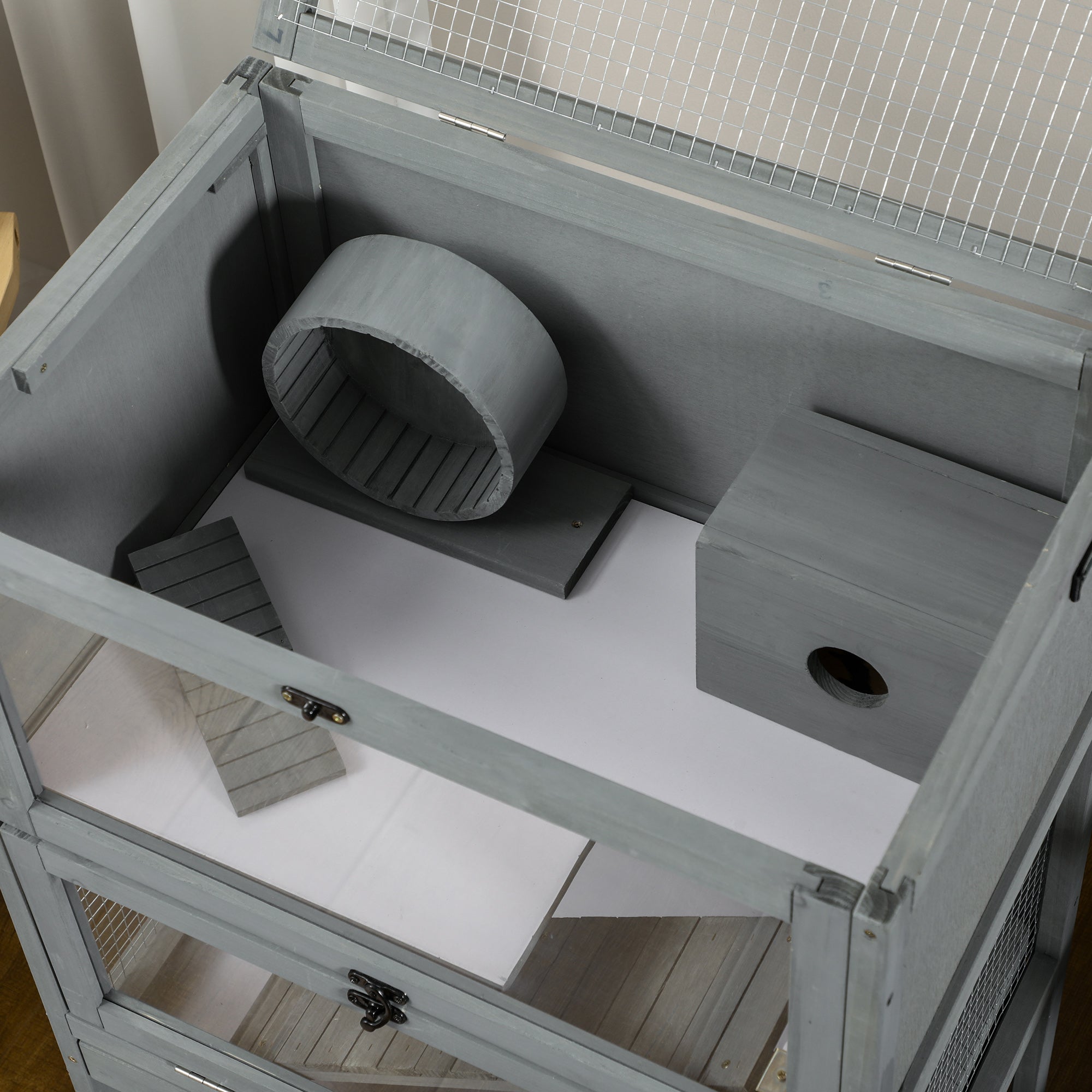 PawHut Wooden Hamster Cage, Mice Rodent Small Animals Kit Hutch, 2-Tier Exercise Play House, with Storage Shelf, Sliding Tray, Seesaw, Running Wheel, Lockable Roof, 23.5" x 15.75" x 35.5", Grey