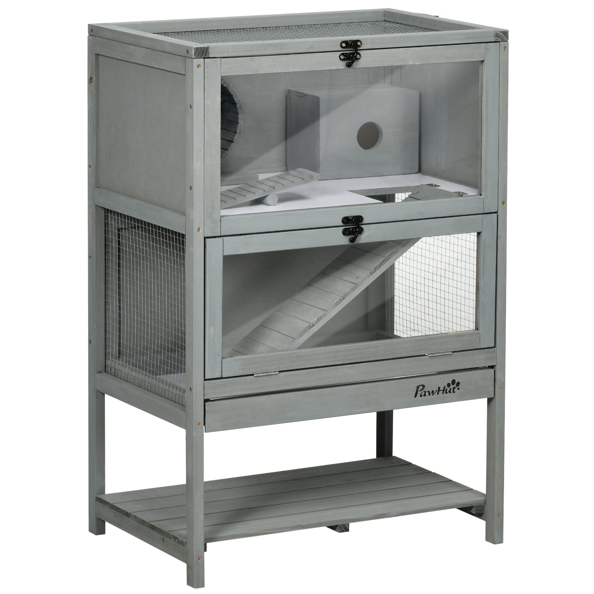 PawHut Wooden Hamster Cage, Mice Rodent Small Animals Kit Hutch, 2-Tier Exercise Play House, with Storage Shelf, Sliding Tray, Seesaw, Running Wheel, Lockable Roof, 23.5" x 15.75" x 35.5", Grey