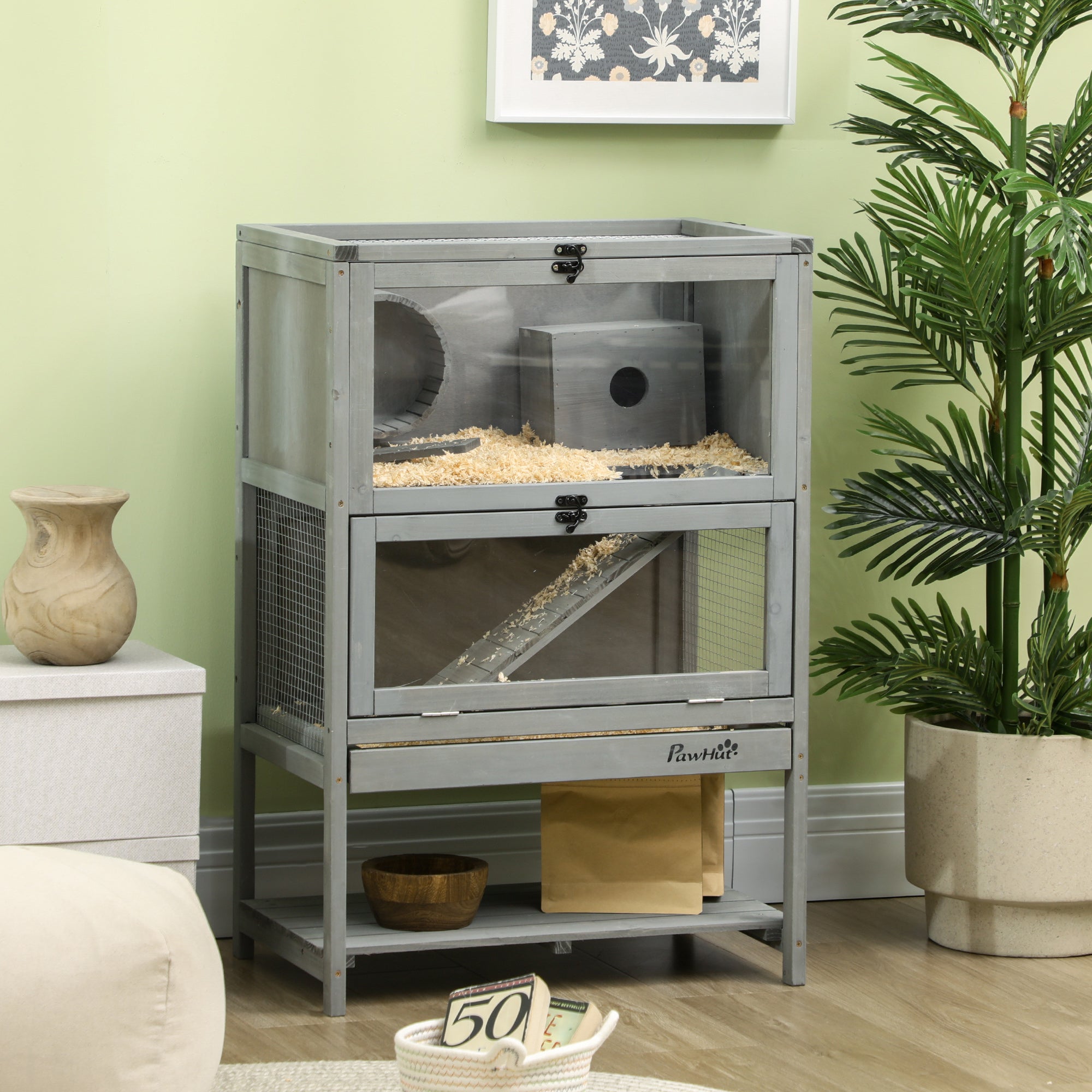 PawHut Wooden Hamster Cage, Mice Rodent Small Animals Kit Hutch, 2-Tier Exercise Play House, with Storage Shelf, Sliding Tray, Seesaw, Running Wheel, Lockable Roof, 23.5" x 15.75" x 35.5", Grey