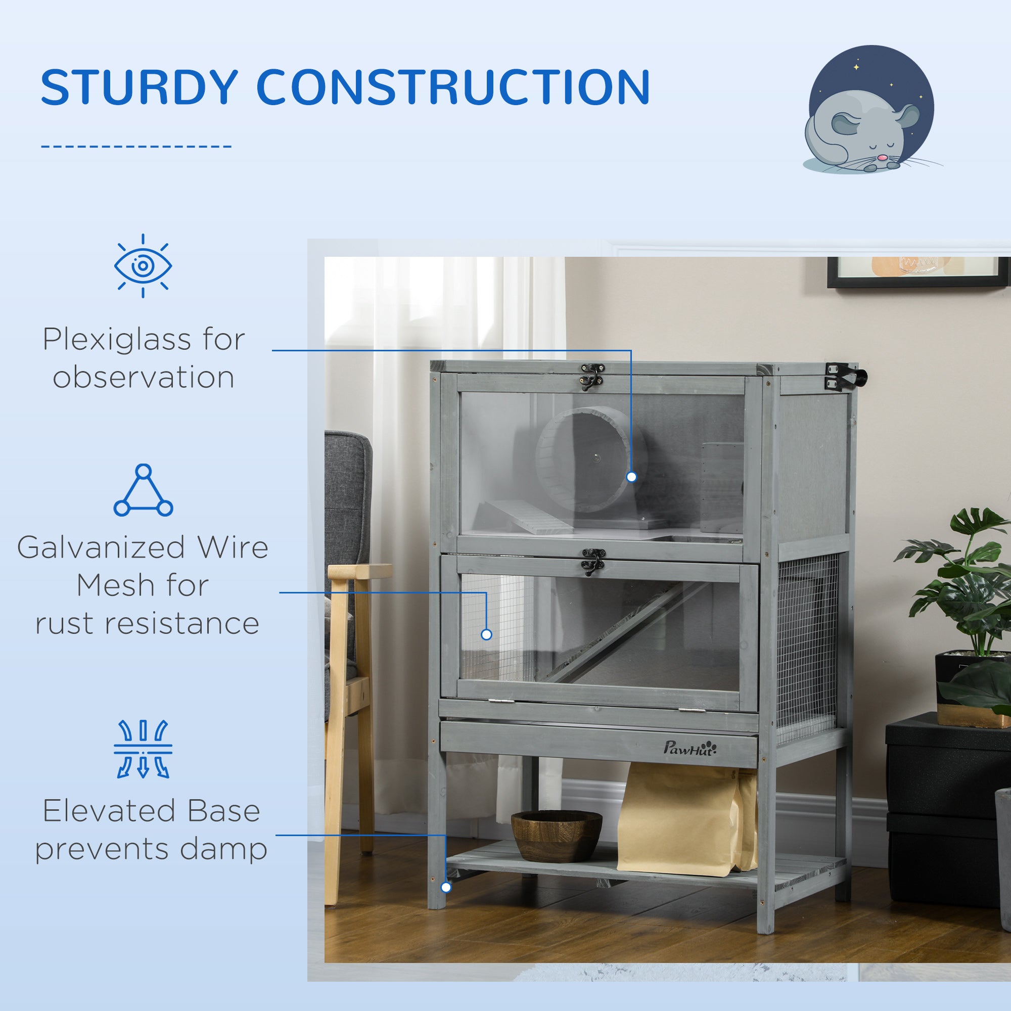 PawHut Wooden Hamster Cage, Mice Rodent Small Animals Kit Hutch, 2-Tier Exercise Play House, with Storage Shelf, Sliding Tray, Seesaw, Running Wheel, Lockable Roof, 23.5" x 15.75" x 35.5", Grey
