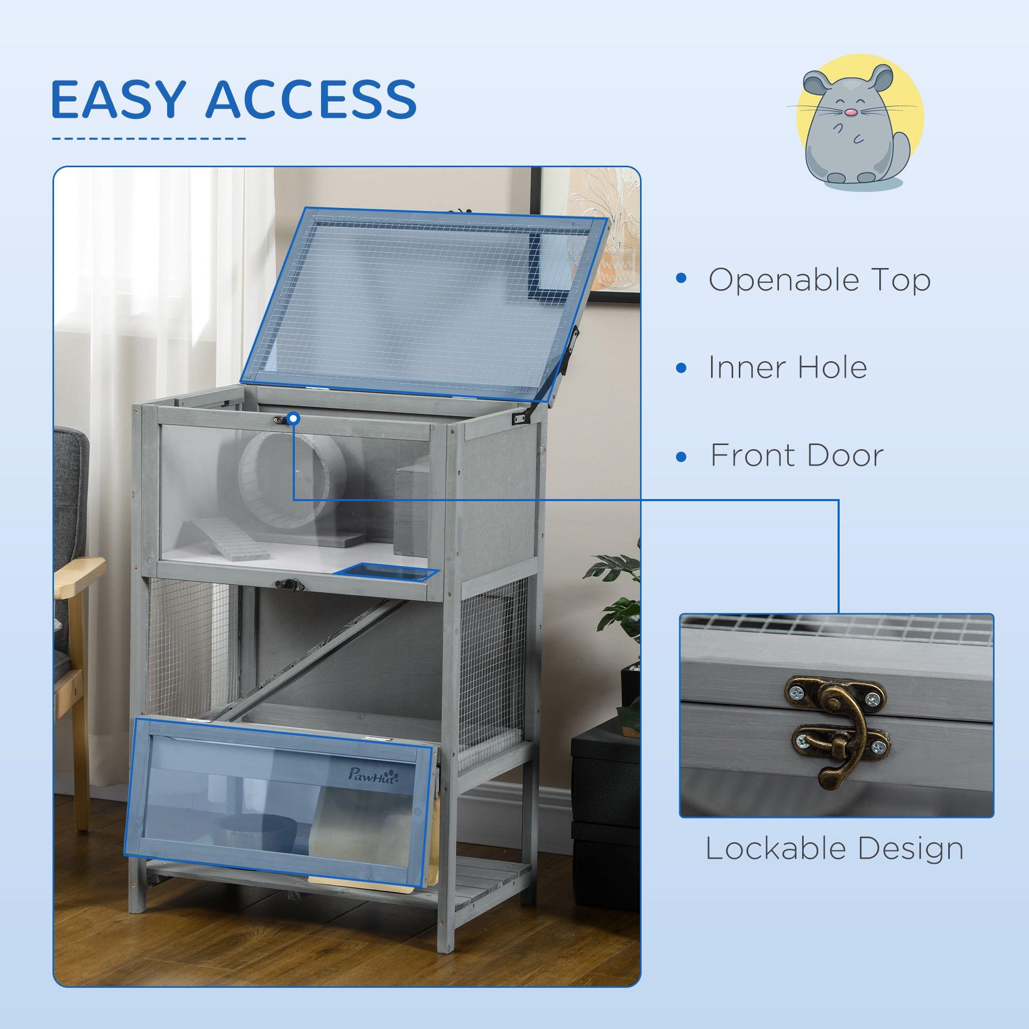 PawHut Wooden Hamster Cage, Mice Rodent Small Animals Kit Hutch, 2-Tier Exercise Play House, with Storage Shelf, Sliding Tray, Seesaw, Running Wheel, Lockable Roof, 23.5