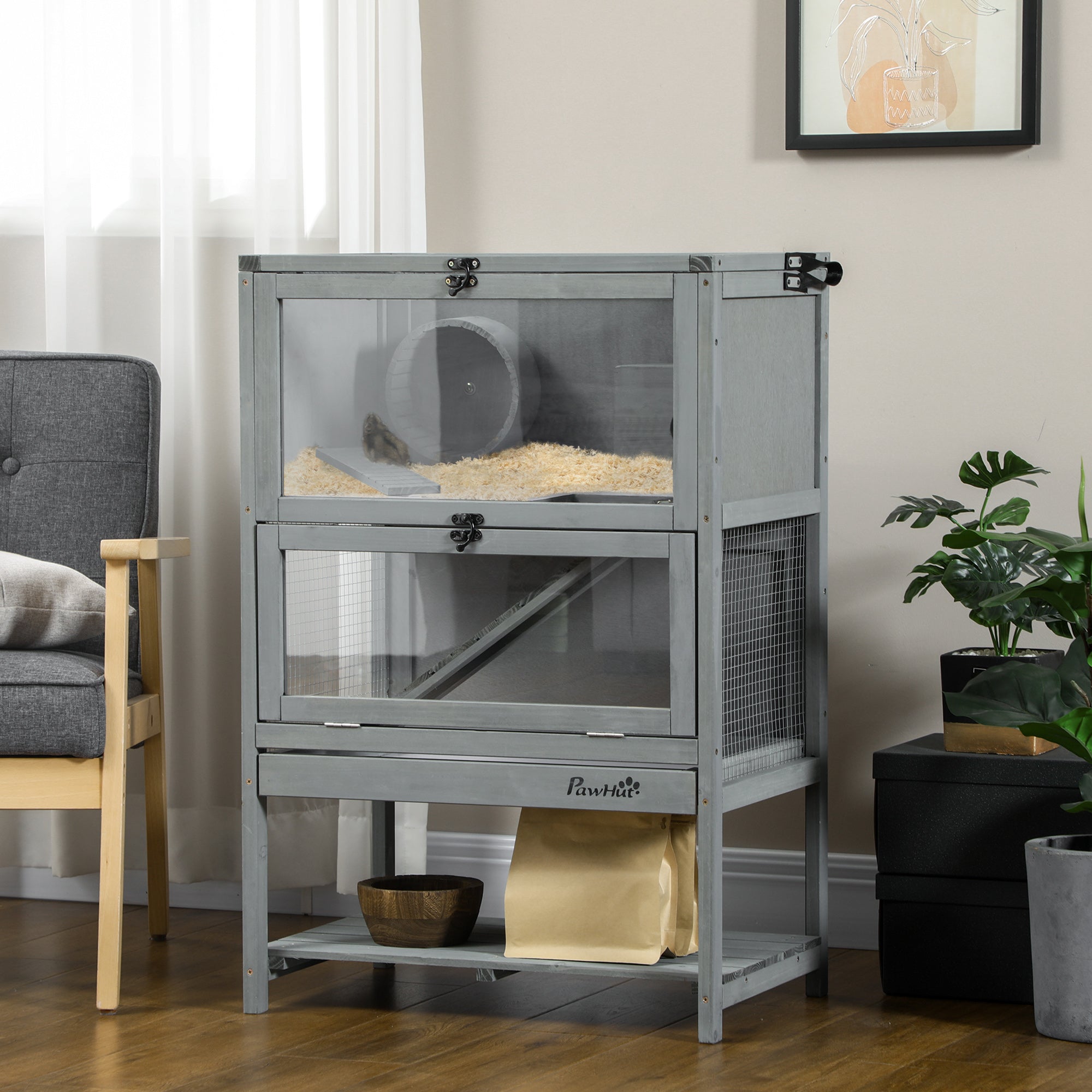 PawHut Wooden Hamster Cage, Mice Rodent Small Animals Kit Hutch, 2-Tier Exercise Play House, with Storage Shelf, Sliding Tray, Seesaw, Running Wheel, Lockable Roof, 23.5" x 15.75" x 35.5", Grey