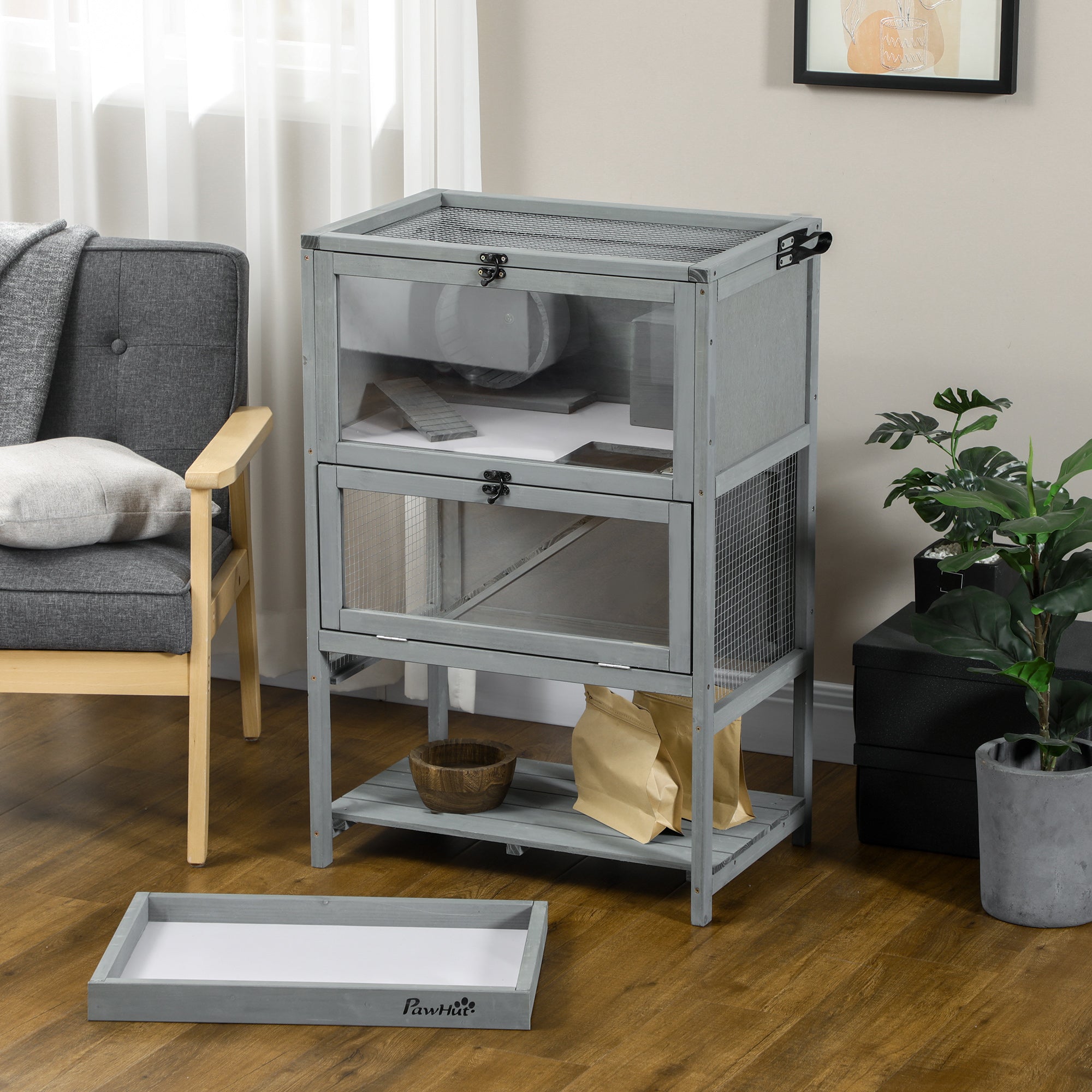 PawHut Wooden Hamster Cage, Mice Rodent Small Animals Kit Hutch, 2-Tier Exercise Play House, with Storage Shelf, Sliding Tray, Seesaw, Running Wheel, Lockable Roof, 23.5