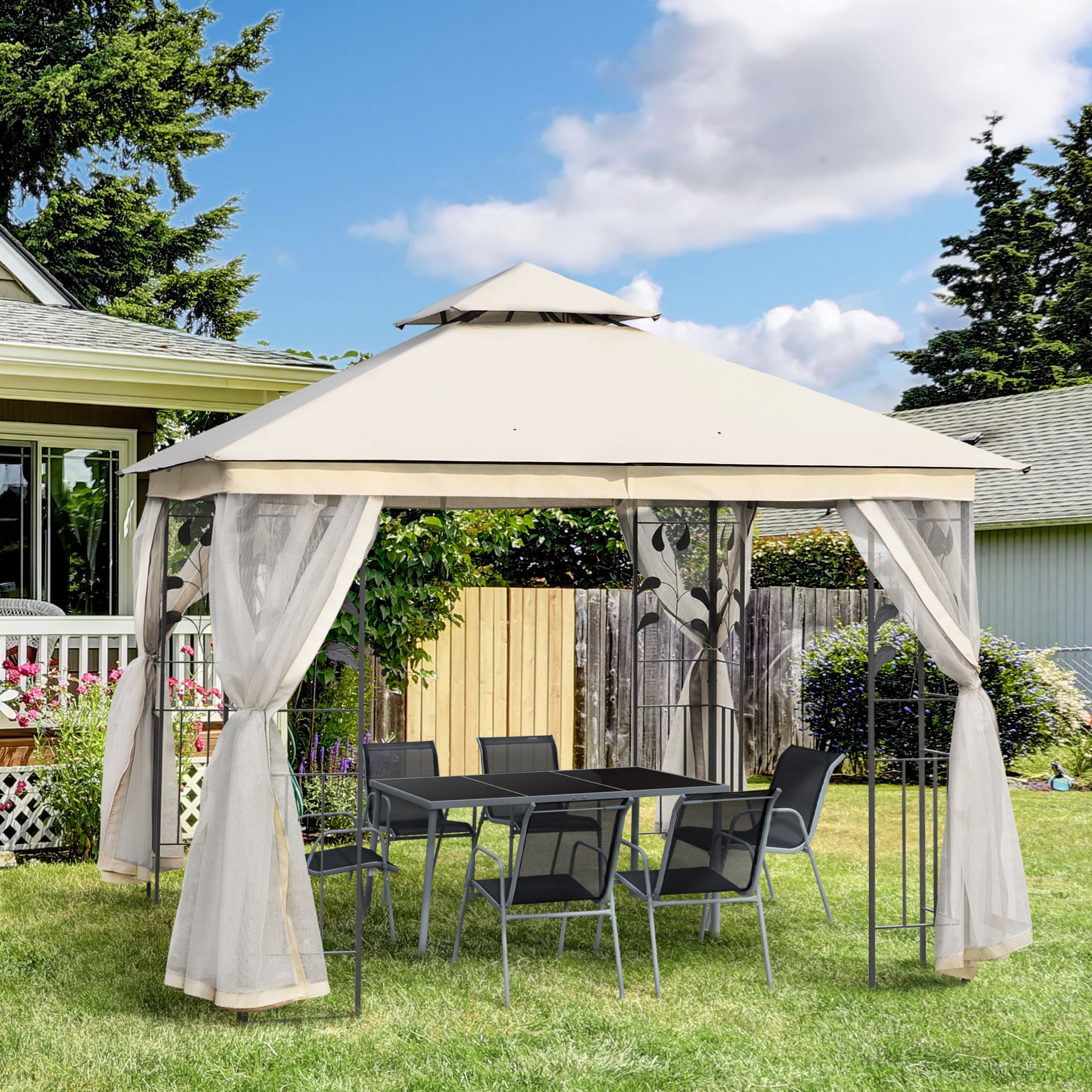 Outsunny 10'x10' Gazebo Canopy Outdoor Patio Sun Shelter UV Protect w/ 2-Tier Polyester Roof Curtain Sidewalls and Steel Frame White