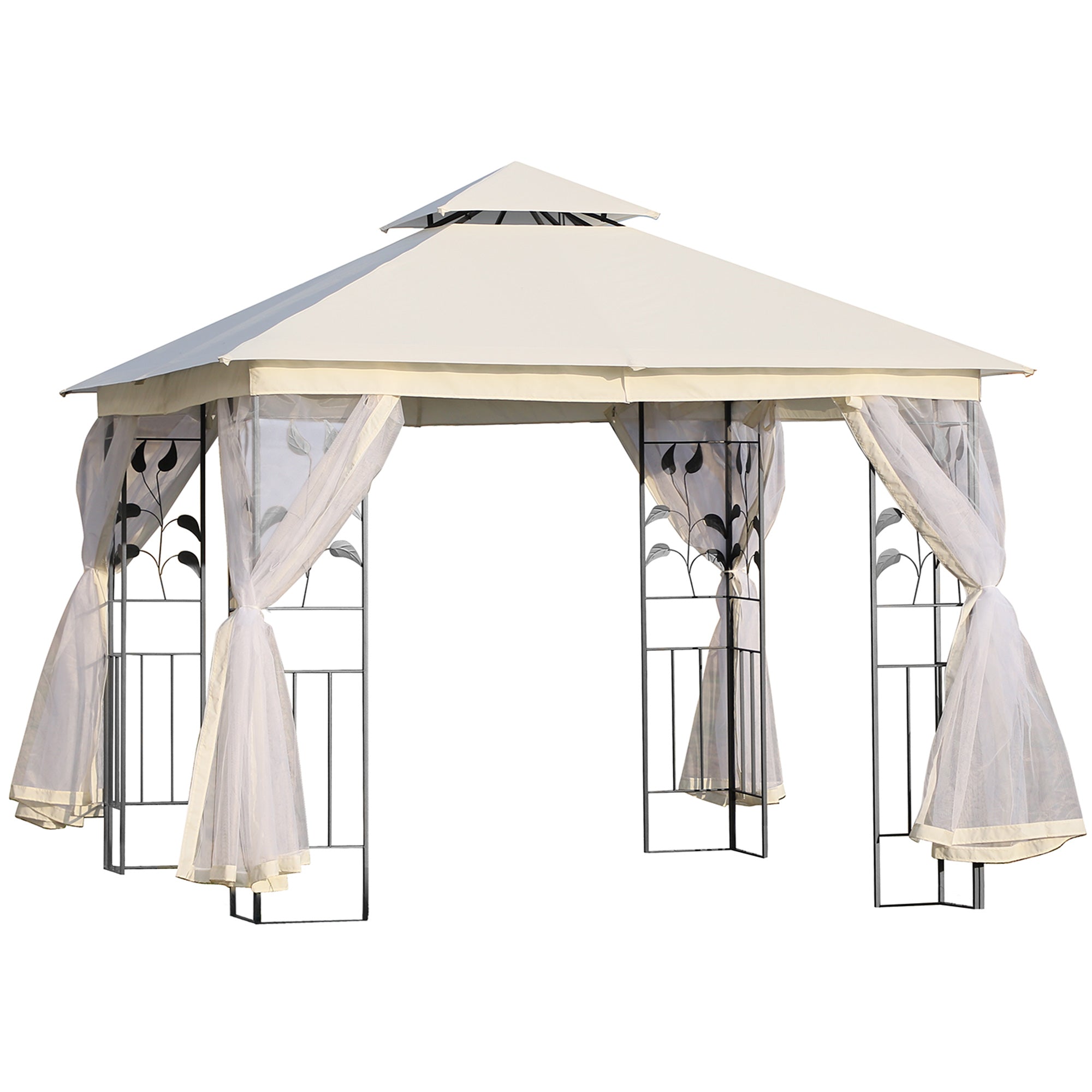 Outsunny 10'x10' Gazebo Canopy Outdoor Patio Sun Shelter UV Protect w/ 2-Tier Polyester Roof Curtain Sidewalls and Steel Frame White