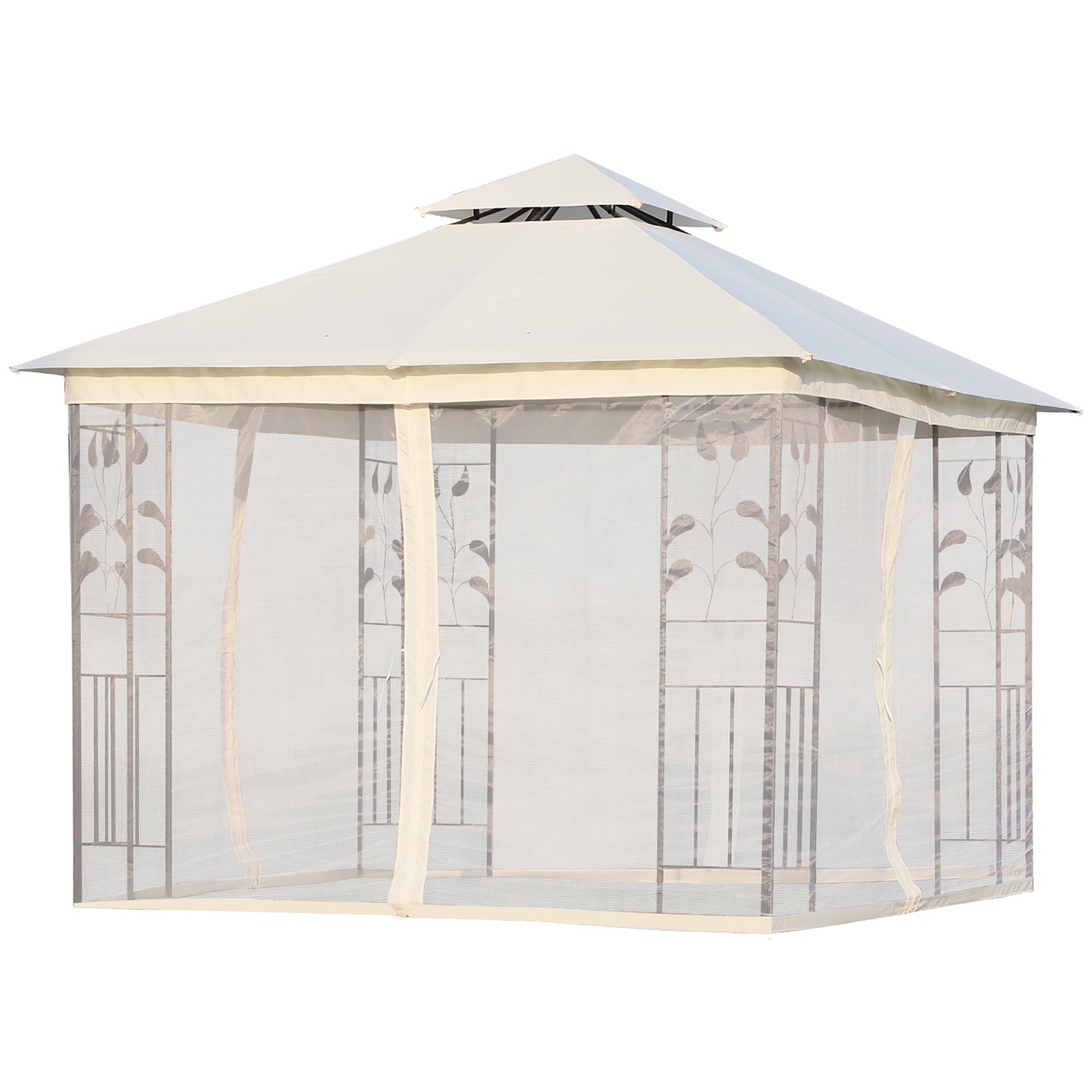 Outsunny 10'x10' Gazebo Canopy Outdoor Patio Sun Shelter UV Protect w/ 2-Tier Polyester Roof Curtain Sidewalls and Steel Frame White