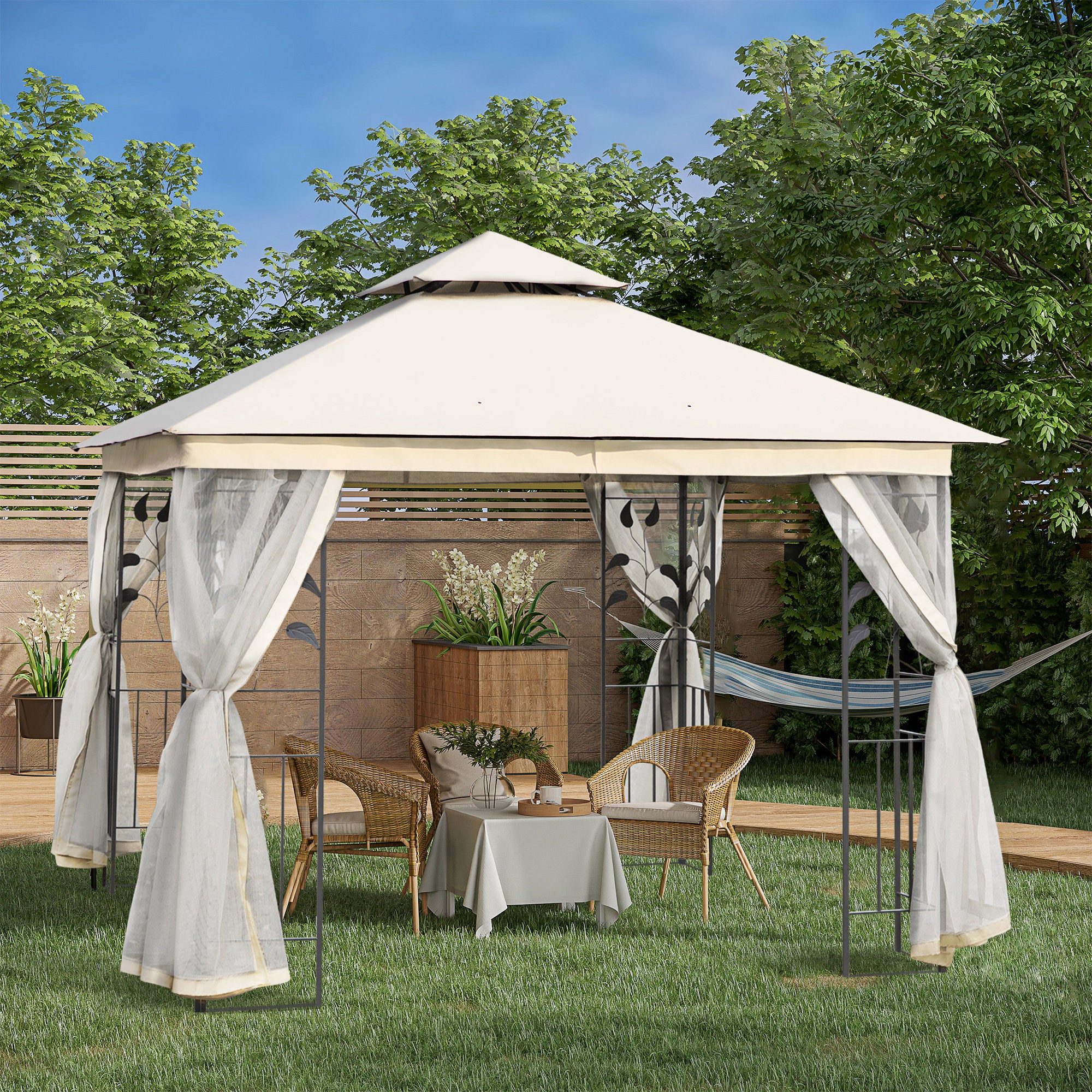 Outsunny 10'x10' Gazebo Canopy Outdoor Patio Sun Shelter UV Protect w/ 2-Tier Polyester Roof Curtain Sidewalls and Steel Frame White