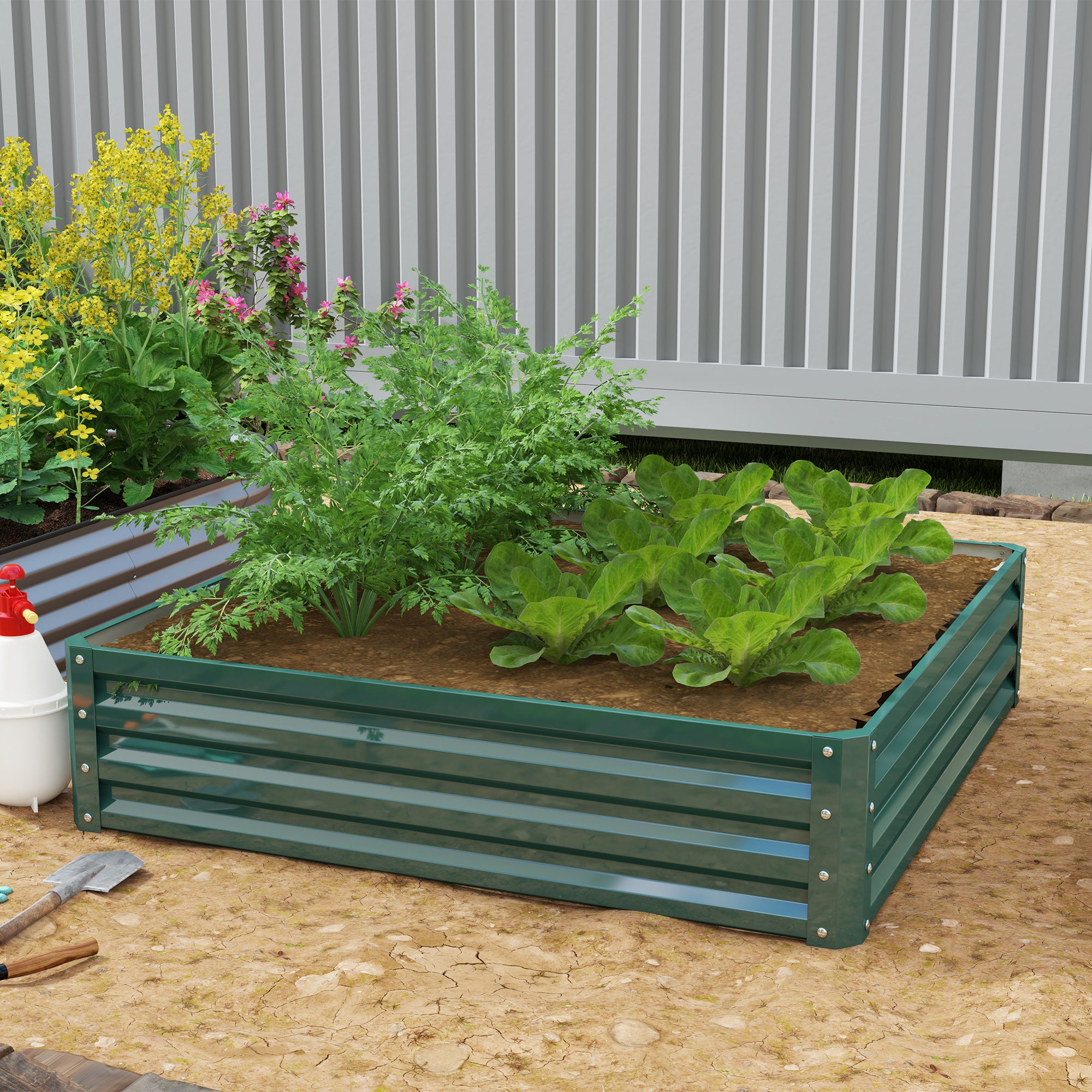 Outsunny 4' x 4' x 1' Raised Garden Bed Galvanized Steel Planter Box for Vegetables, Flowers, Herbs, Green