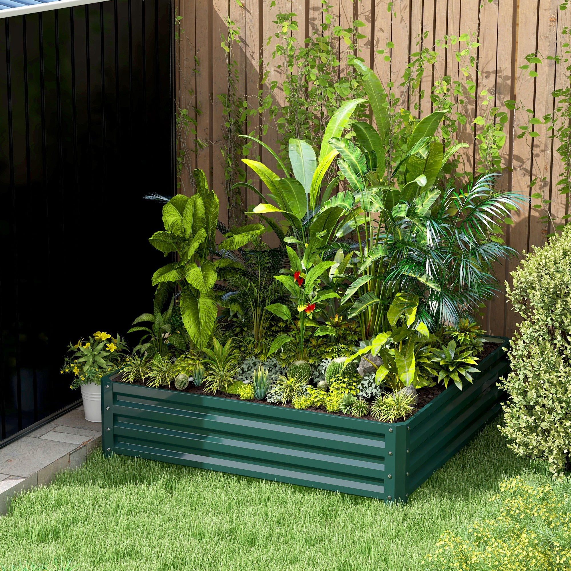 Outsunny 4' x 4' x 1' Raised Garden Bed Galvanized Steel Planter Box for Vegetables, Flowers, Herbs, Green