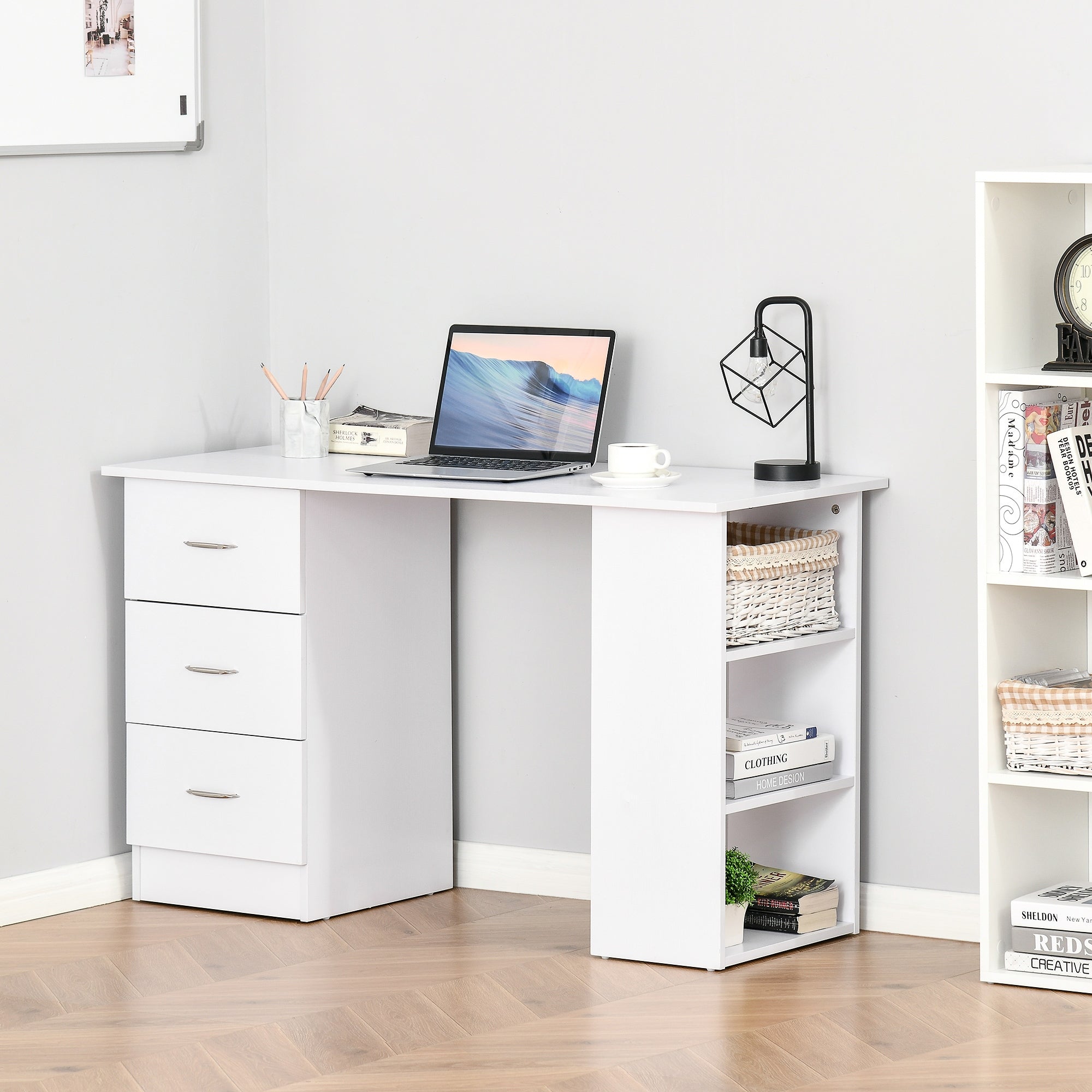 HOMCOM Computer Desk with 3-Tier Storage Shelves, 47 Inches Home Office Desk  with Drawers, Study Writing Table, White