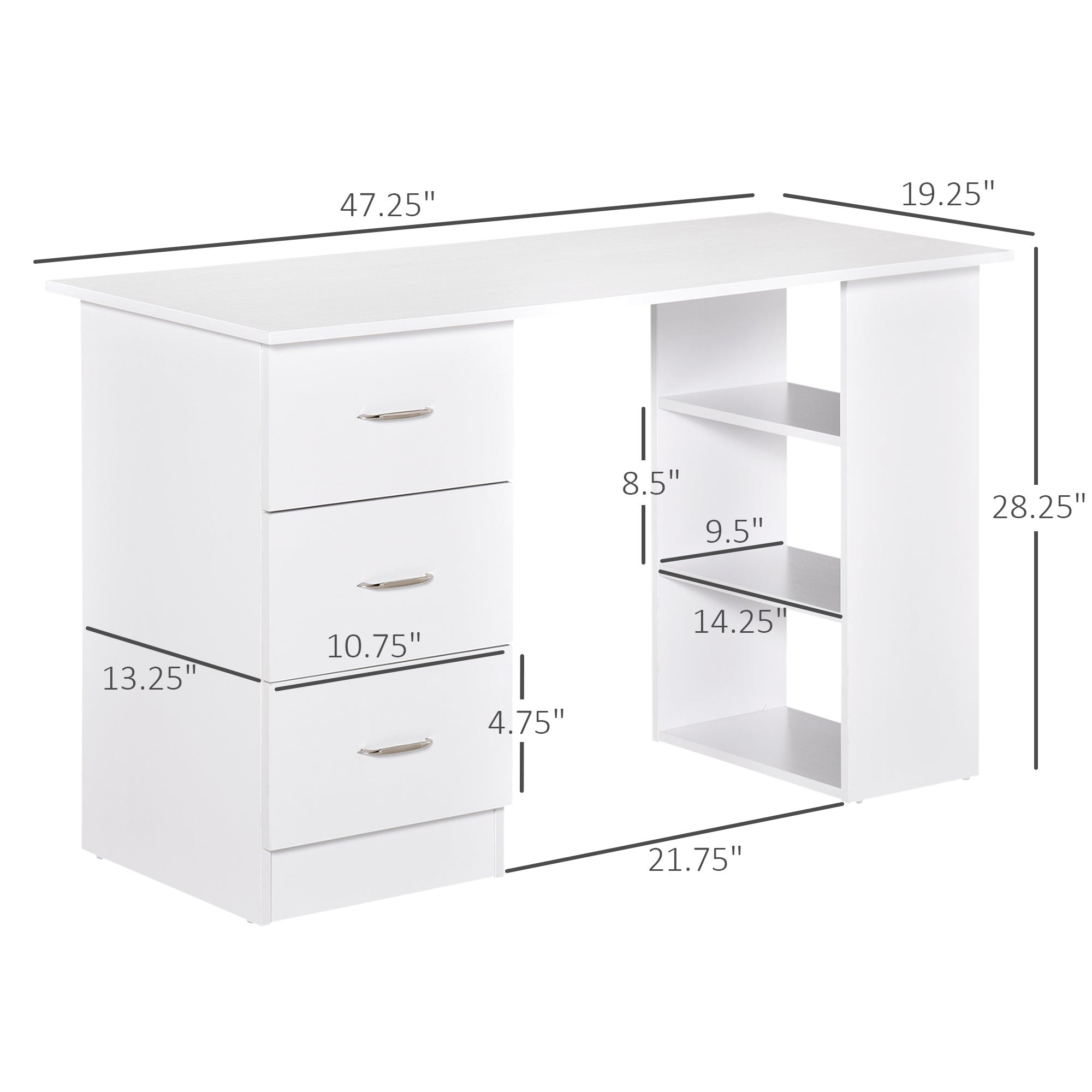 HOMCOM Computer Desk with 3-Tier Storage Shelves, 47 Inches Home Office Desk  with Drawers, Study Writing Table, White