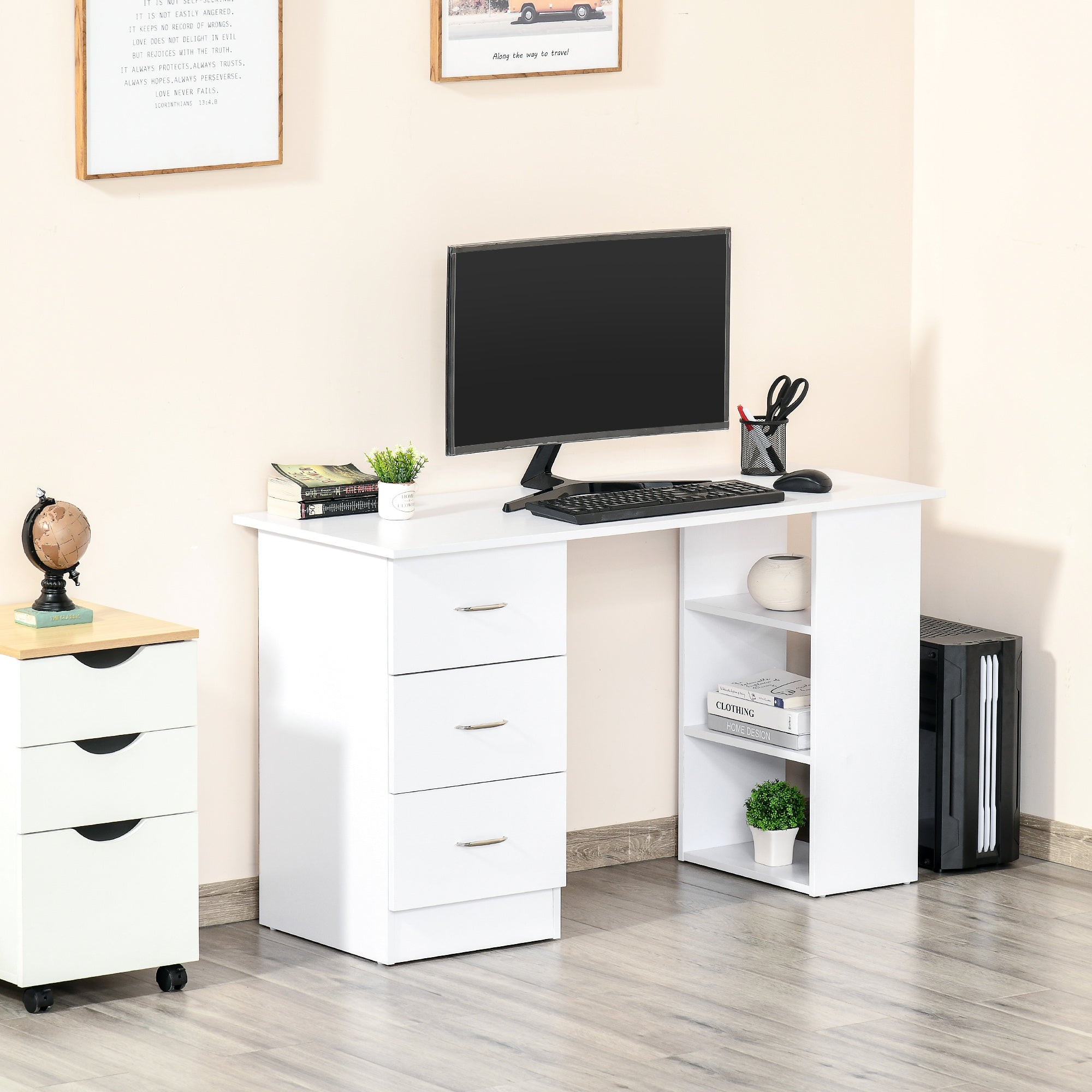 HOMCOM Computer Desk with 3-Tier Storage Shelves, 47 Inches Home Office Desk  with Drawers, Study Writing Table, White