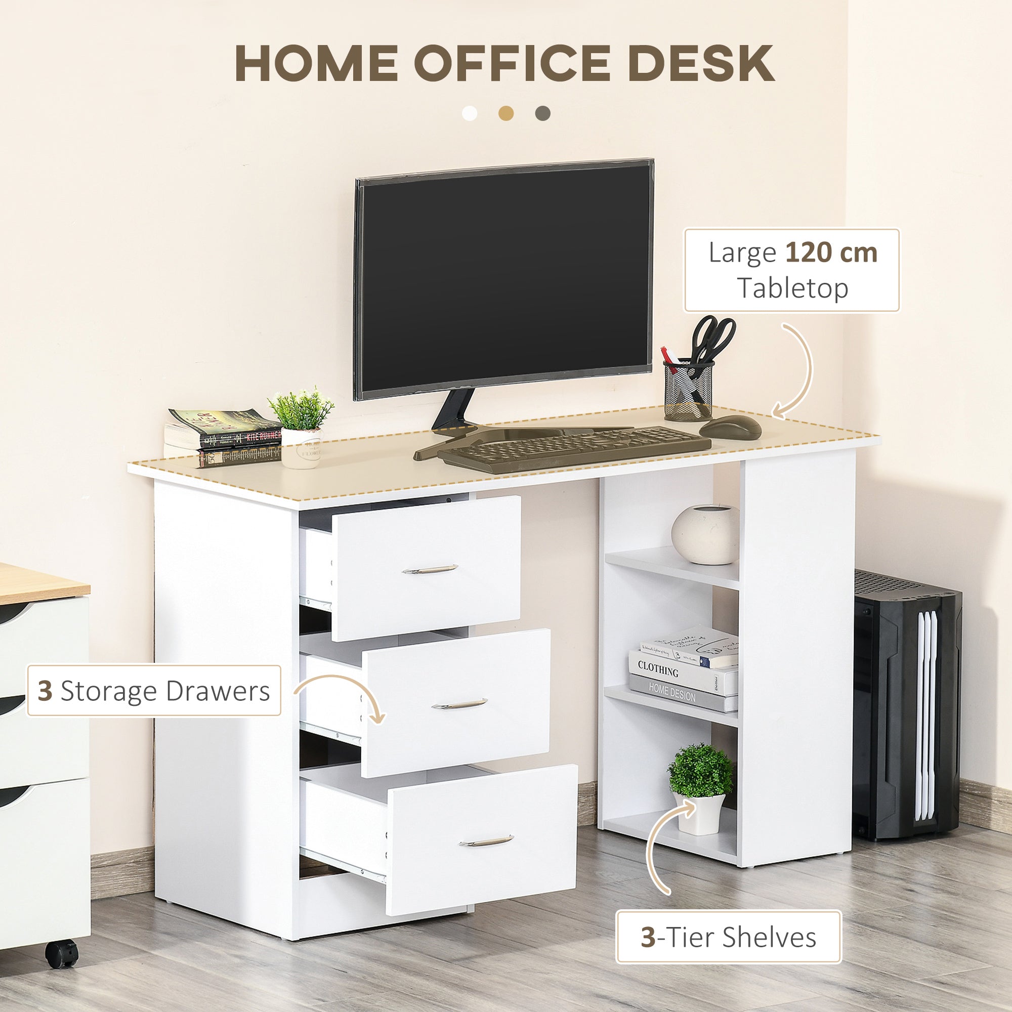 HOMCOM Computer Desk with 3-Tier Storage Shelves, 47 Inches Home Office Desk  with Drawers, Study Writing Table, White