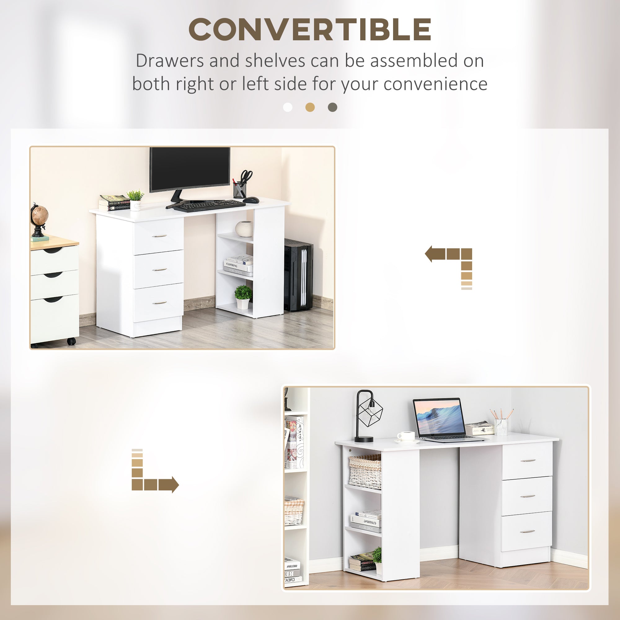 HOMCOM Computer Desk with 3-Tier Storage Shelves, 47 Inches Home Office Desk  with Drawers, Study Writing Table, White