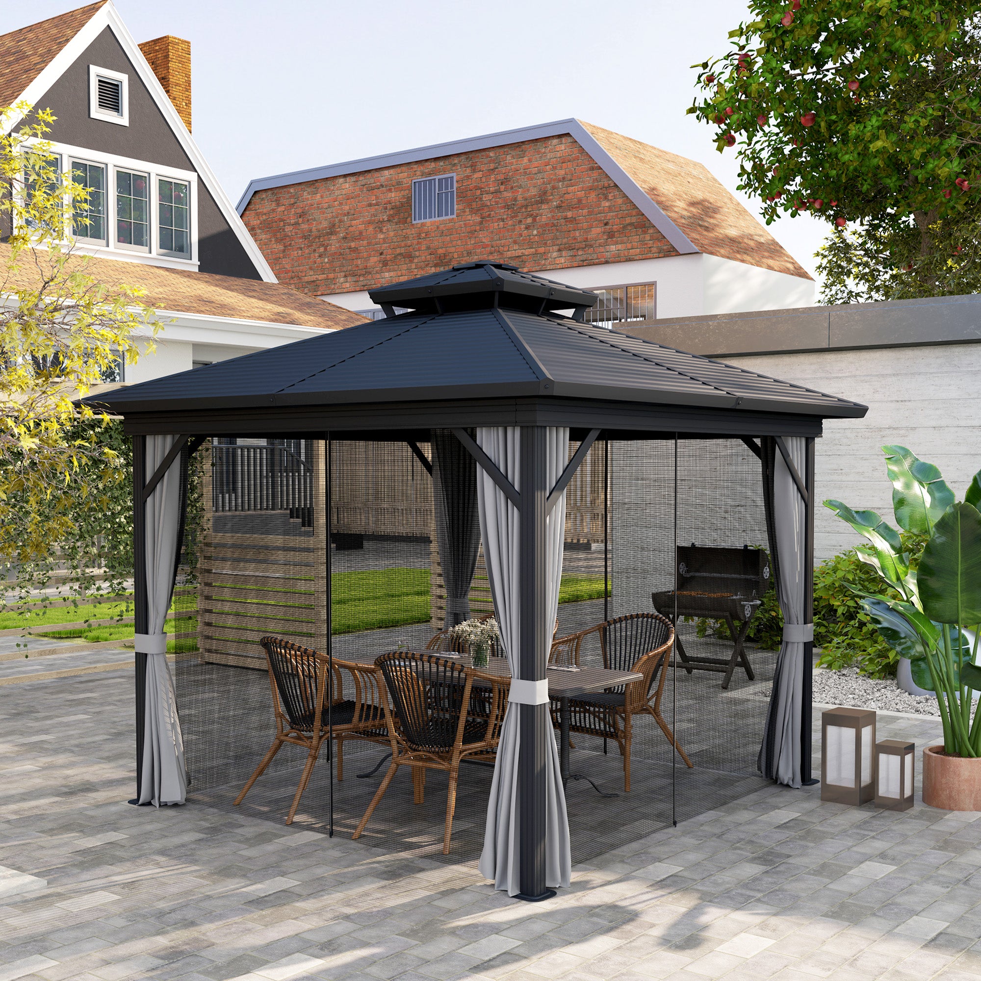 Outsunny 10' x 10' Hardtop Gazebo, Aluminum Frame Garden Sun Shelter with Double Tier Metal Roof, Mosquito Netting, Curtains, and Hanging Hook, Light Grey