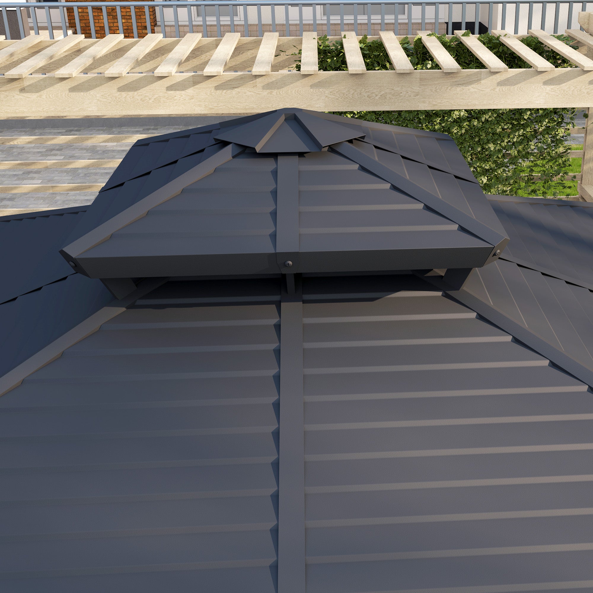 Outsunny 10' x 10' Hardtop Gazebo, Aluminum Frame Garden Sun Shelter with Double Tier Metal Roof, Mosquito Netting, Curtains, and Hanging Hook, Light Grey