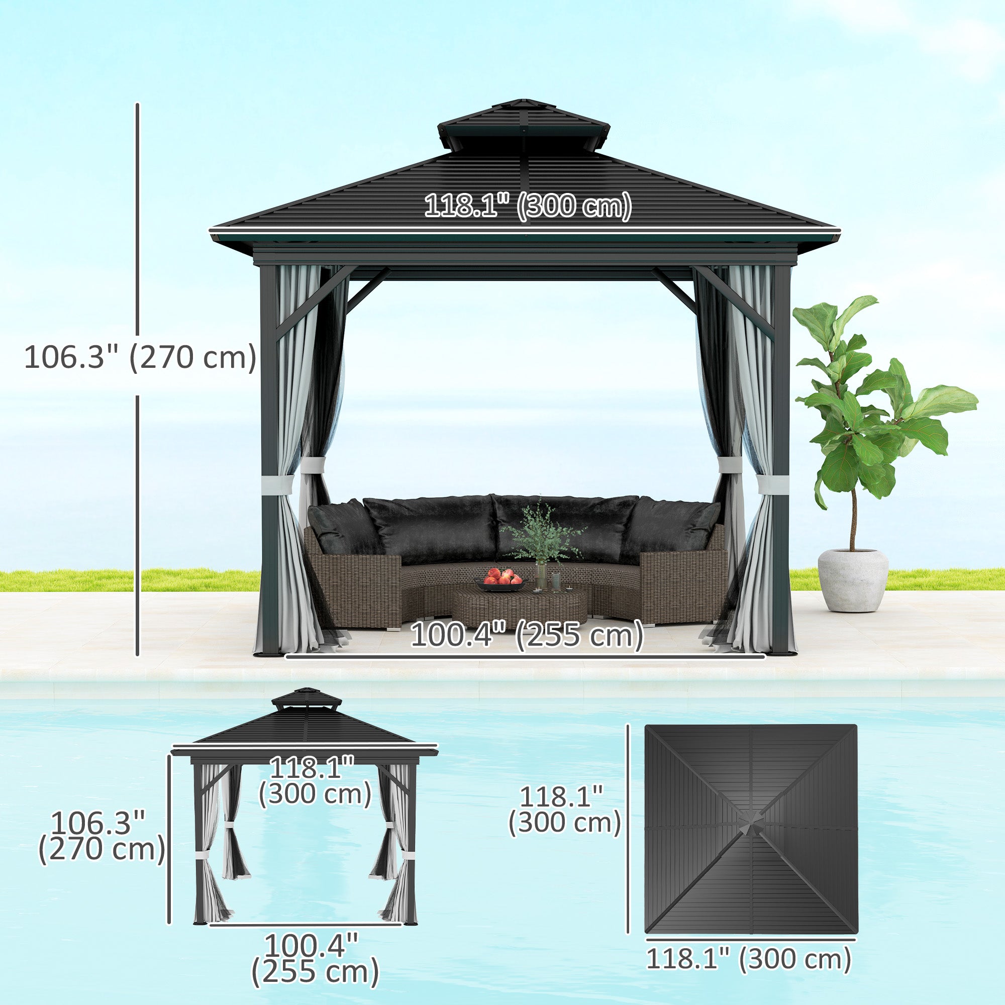 Outsunny 10' x 10' Hardtop Gazebo, Aluminum Frame Garden Sun Shelter with Double Tier Metal Roof, Mosquito Netting, Curtains, and Hanging Hook, Light Grey