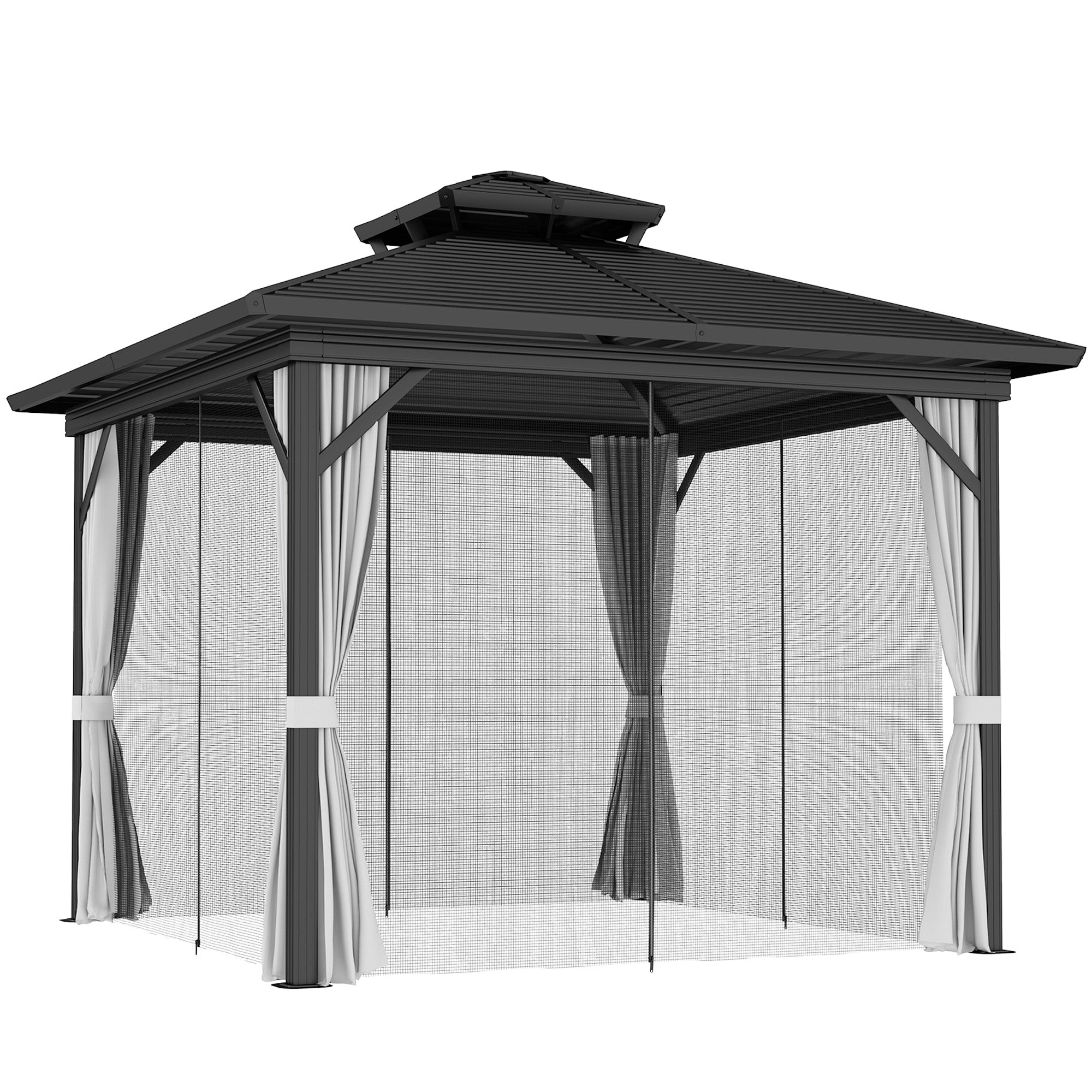 Outsunny 10' x 10' Hardtop Gazebo, Aluminum Frame Garden Sun Shelter with Double Tier Metal Roof, Mosquito Netting, Curtains, and Hanging Hook, Light Grey