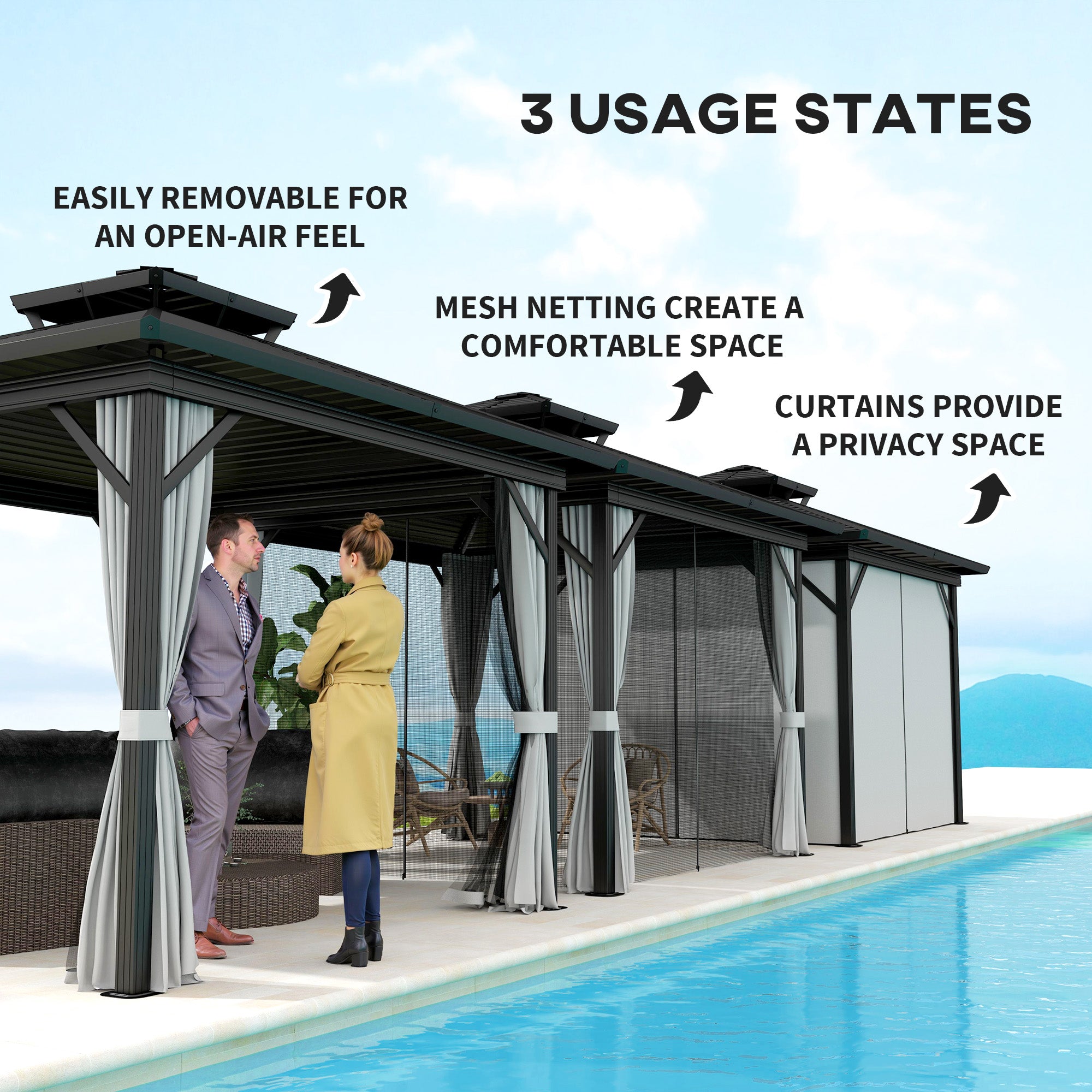 Outsunny 10' x 10' Hardtop Gazebo, Aluminum Frame Garden Sun Shelter with Double Tier Metal Roof, Mosquito Netting, Curtains, and Hanging Hook, Light Grey