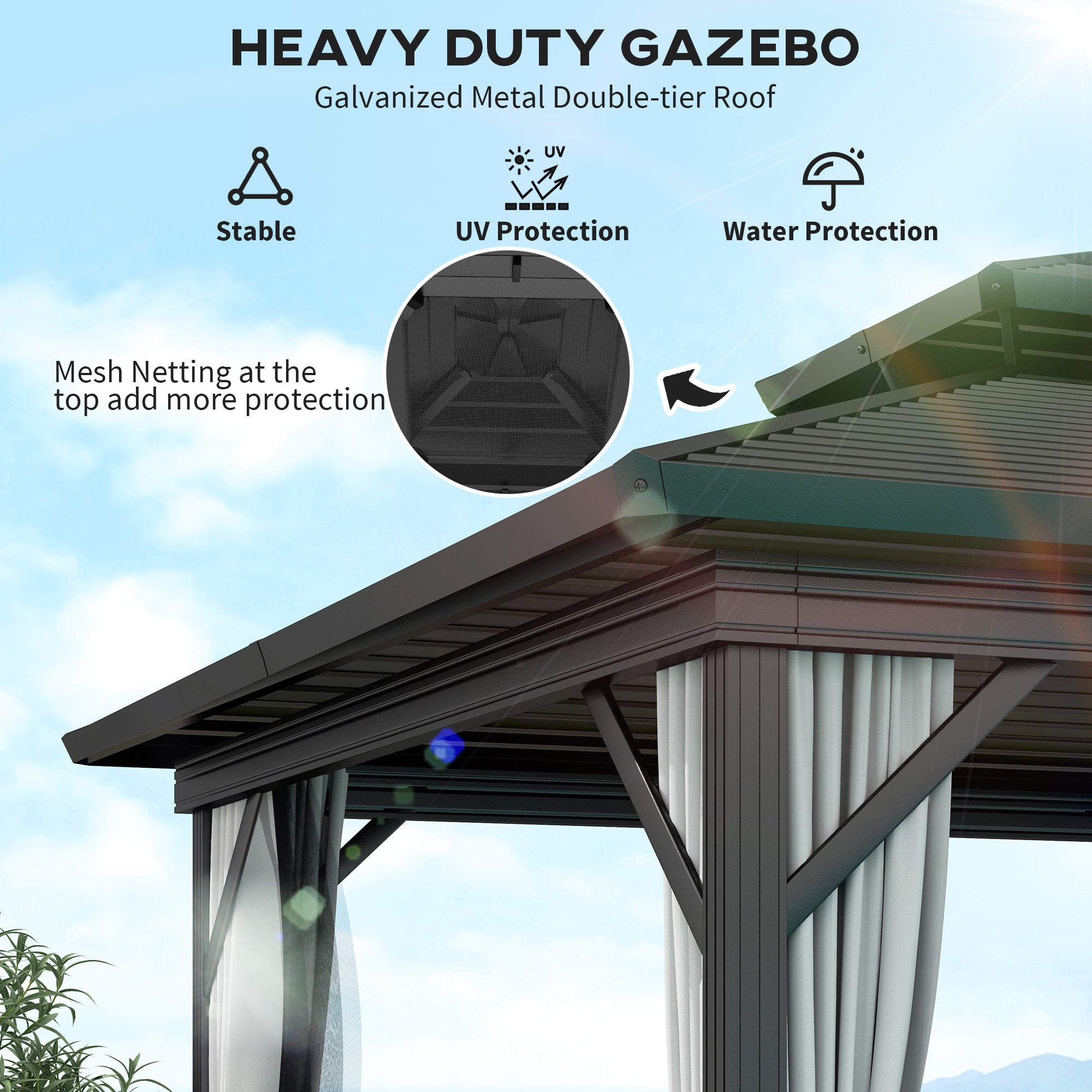 Outsunny 10' x 10' Hardtop Gazebo, Aluminum Frame Garden Sun Shelter with Double Tier Metal Roof, Mosquito Netting, Curtains, and Hanging Hook, Light Grey