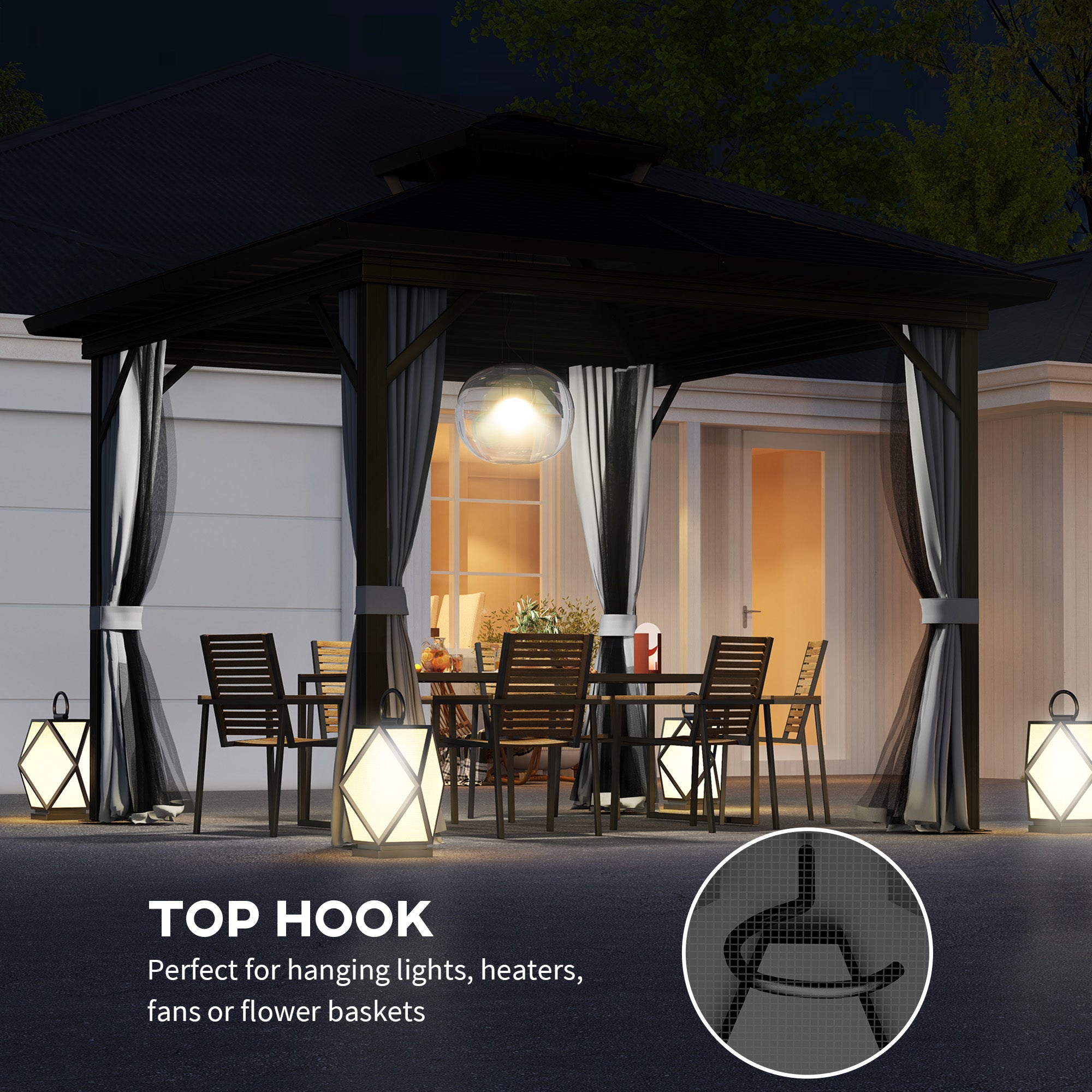 Outsunny 10' x 10' Hardtop Gazebo, Aluminum Frame Garden Sun Shelter with Double Tier Metal Roof, Mosquito Netting, Curtains, and Hanging Hook, Light Grey