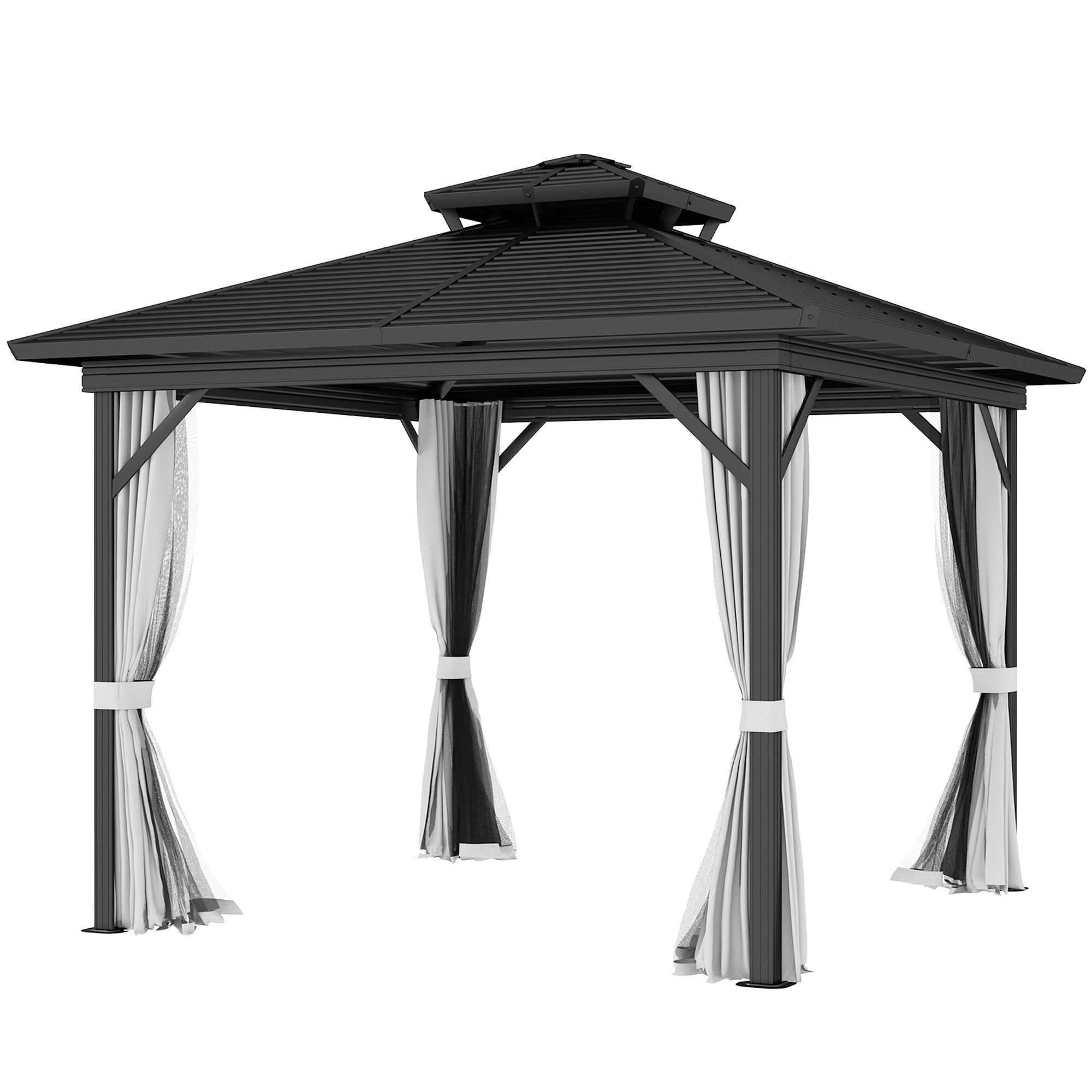 Outsunny 10' x 10' Hardtop Gazebo, Aluminum Frame Garden Sun Shelter with Double Tier Metal Roof, Mosquito Netting, Curtains, and Hanging Hook, Light Grey