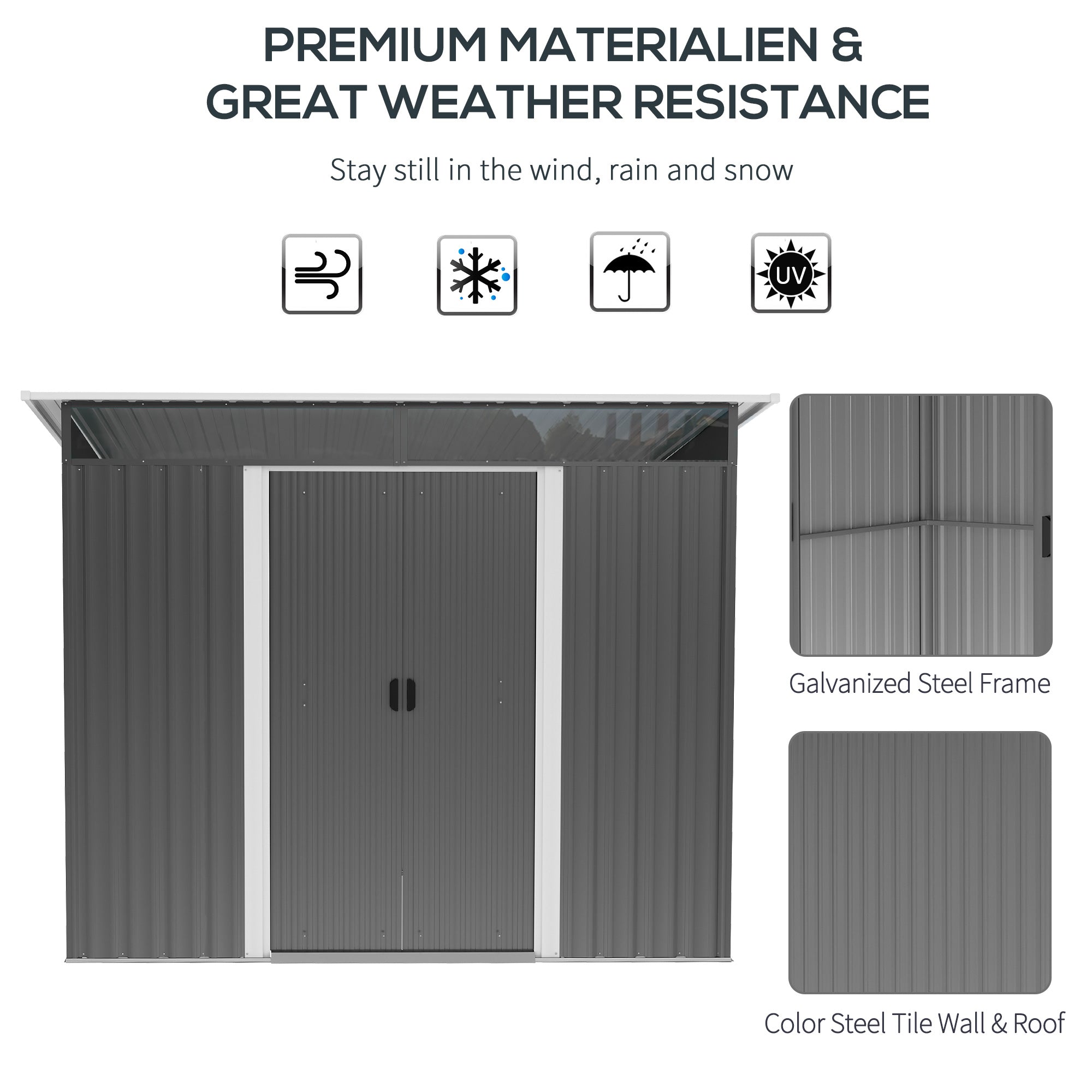 Outsunny 8.5' x 6' Garden Storage Shed with Skylight, Metal Outdoor Shed Tool House with Double Doors for Patio Yard, Grey