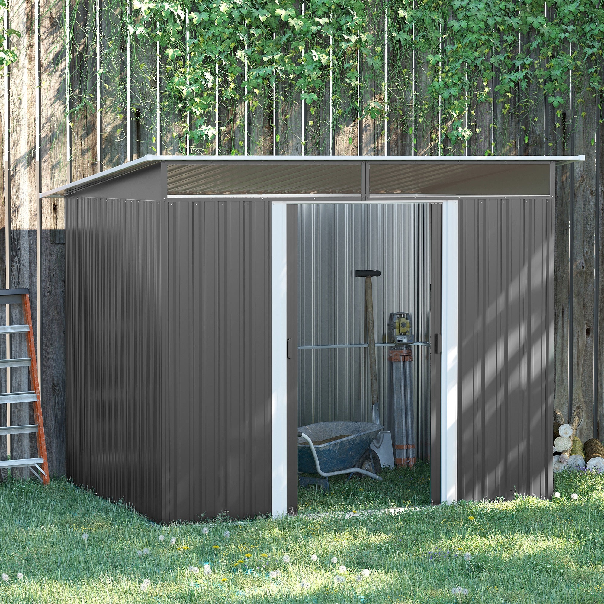 Outsunny 8.5' x 6' Garden Storage Shed with Skylight, Metal Outdoor Shed Tool House with Double Doors for Patio Yard, Grey