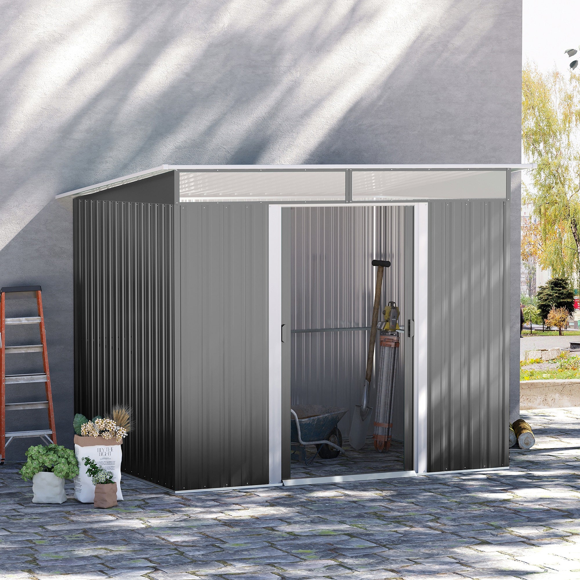 Outsunny 8.5' x 6' Garden Storage Shed with Skylight, Metal Outdoor Shed Tool House with Double Doors for Patio Yard, Grey