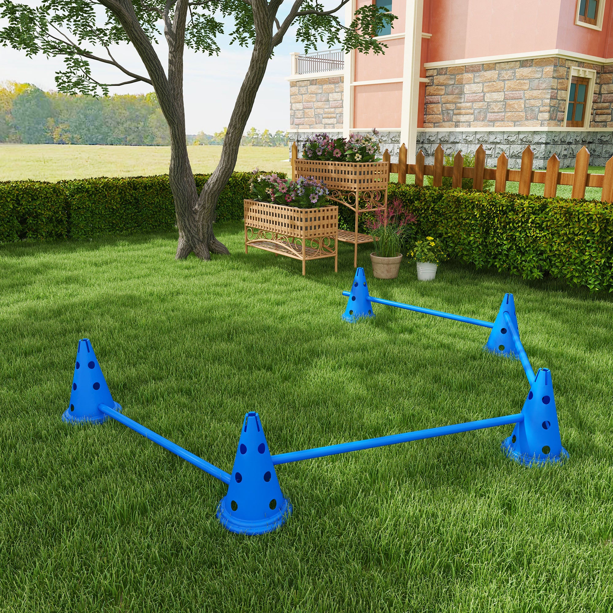 PawHut Set of 4 Dog Agility Hurdle Cone Set Agility Training Equipment 8 Cones 4 Rods Starter Kit with carrying bag Blue