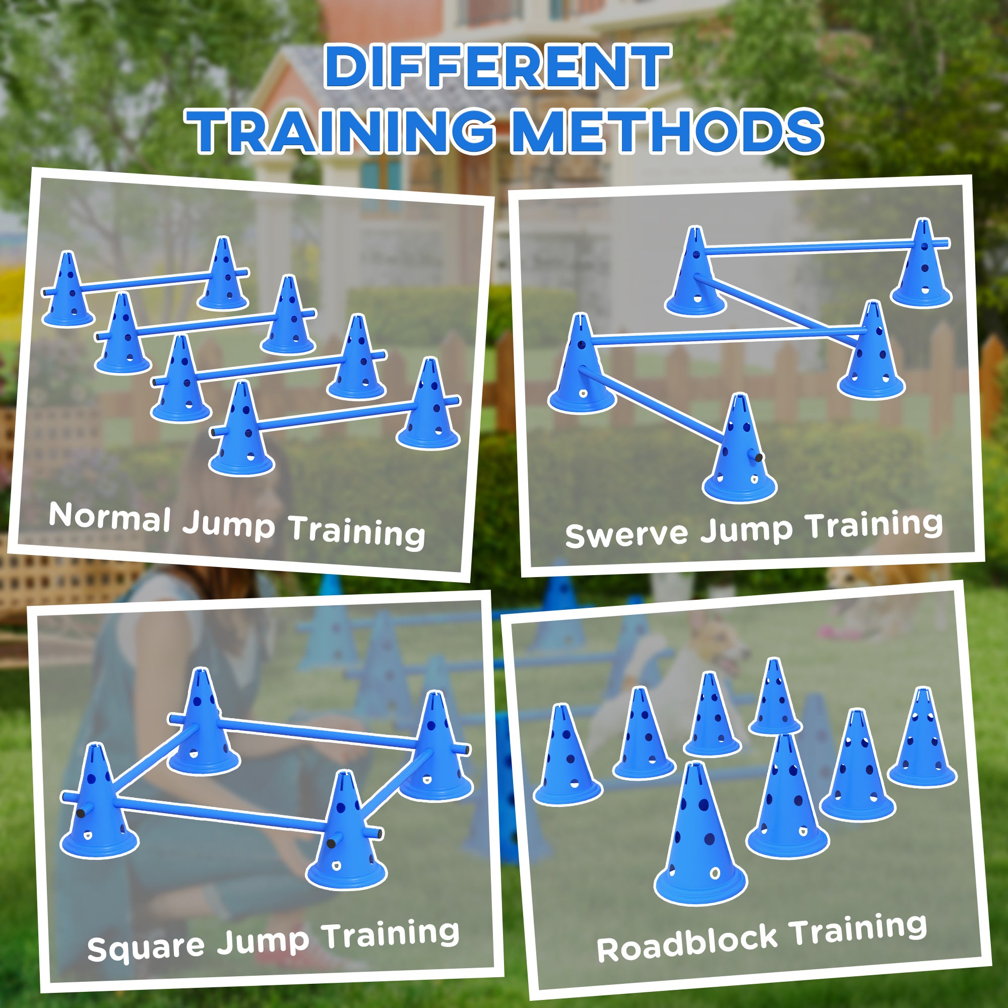 PawHut Set of 4 Dog Agility Hurdle Cone Set Agility Training Equipment 8 Cones 4 Rods Starter Kit with carrying bag Blue