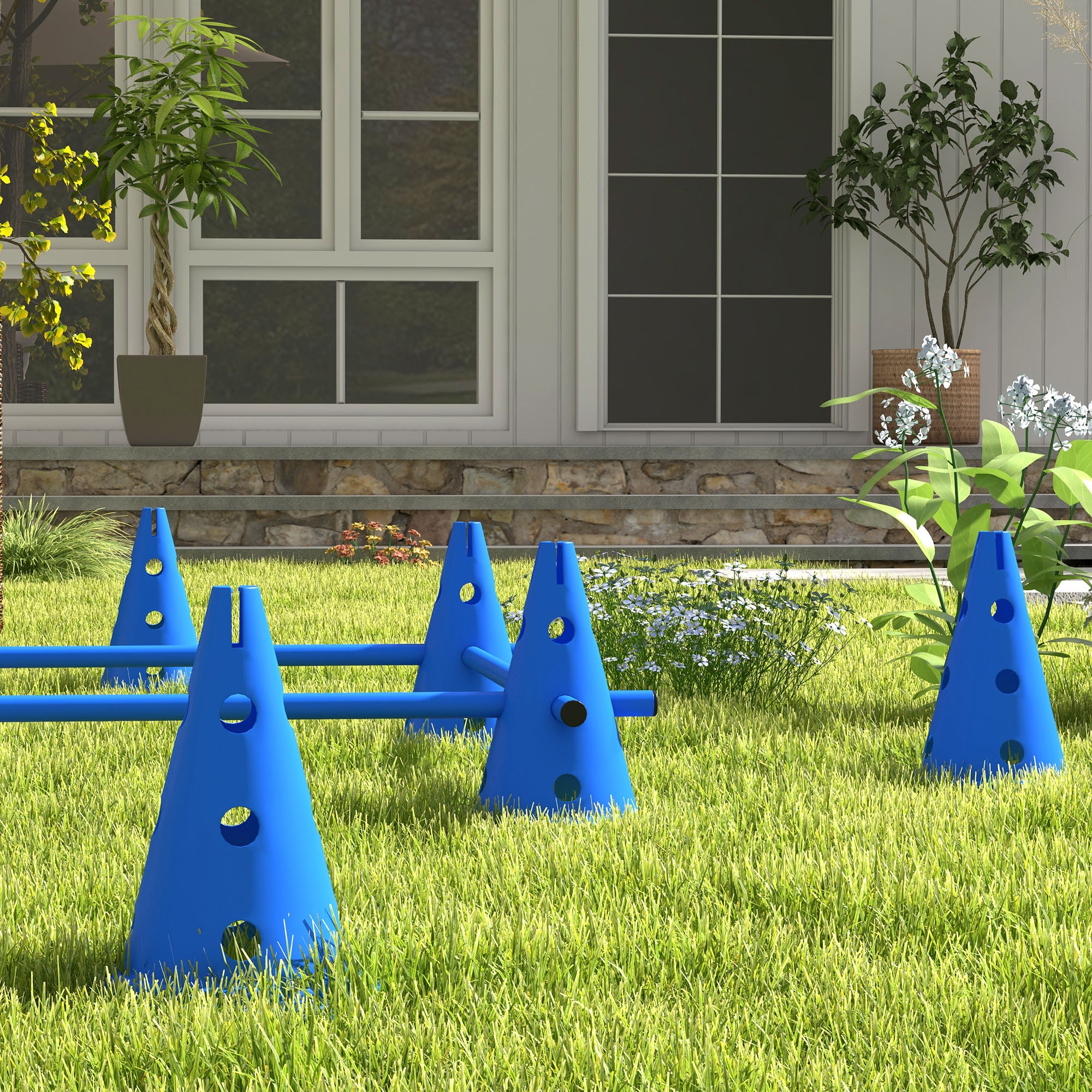 PawHut Set of 4 Dog Agility Hurdle Cone Set Agility Training Equipment 8 Cones 4 Rods Starter Kit with carrying bag Blue