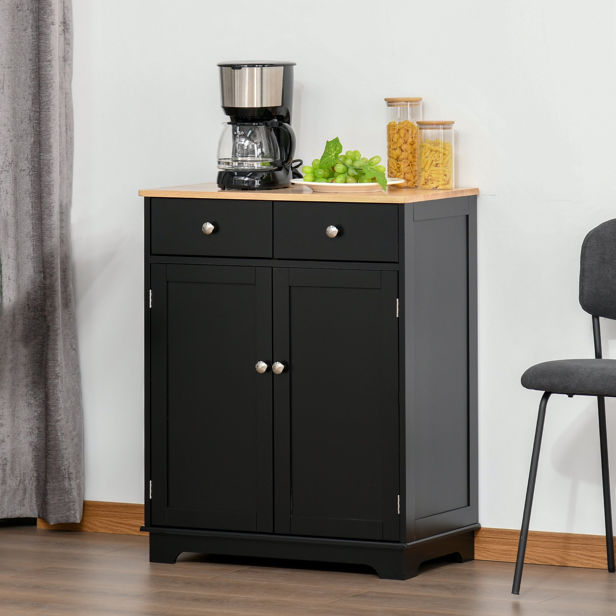 HOMCOM Sideboard Buffet Cabinet with Storage, 27" Kitchen Cabinet with Adjustable Shelf, 2 Drawers and 2 Doors, Coffee Bar Cabinet with Rubberwood Tabletop, Black