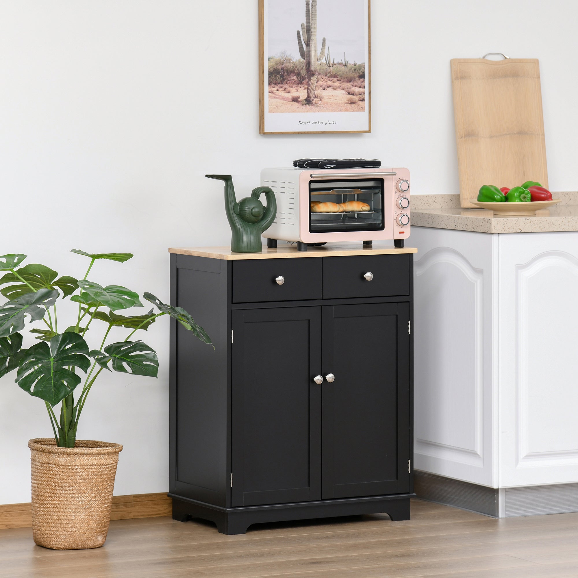 HOMCOM Sideboard Buffet Cabinet with Storage, 27" Kitchen Cabinet with Adjustable Shelf, 2 Drawers and 2 Doors, Coffee Bar Cabinet with Rubberwood Tabletop, Black