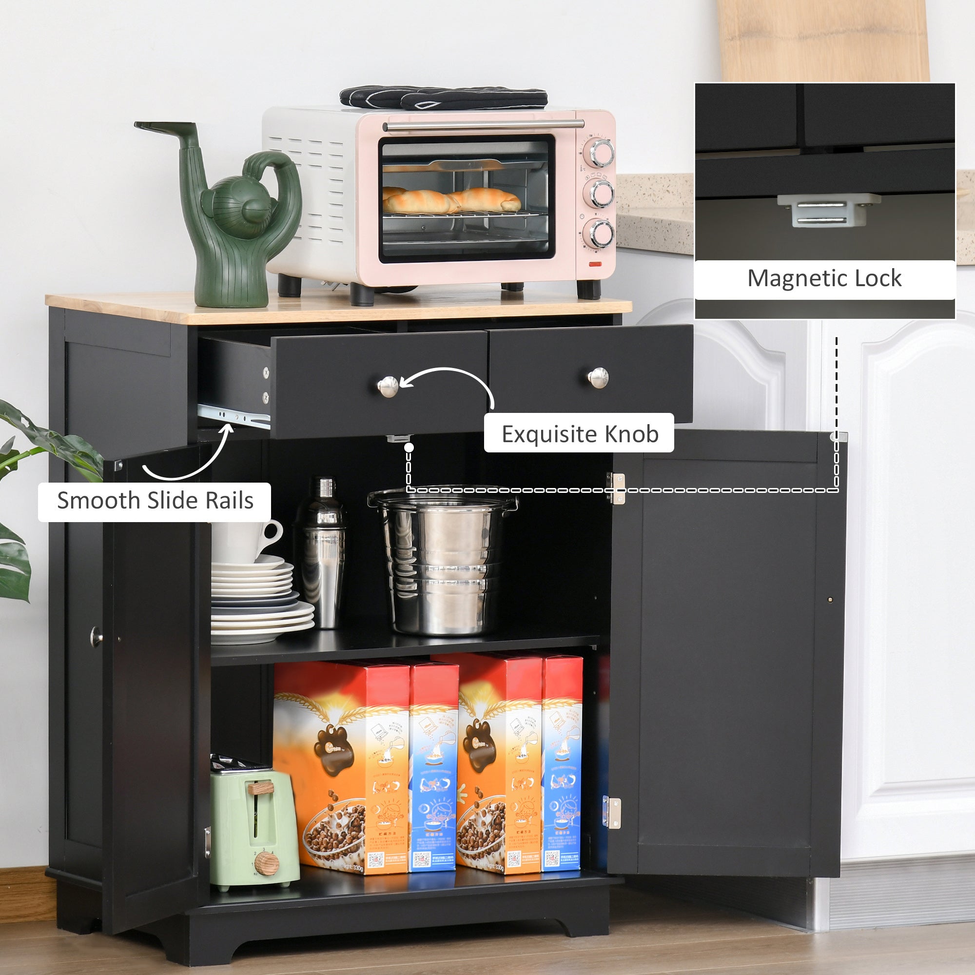 HOMCOM Sideboard Buffet Cabinet with Storage, 27" Kitchen Cabinet with Adjustable Shelf, 2 Drawers and 2 Doors, Coffee Bar Cabinet with Rubberwood Tabletop, Black