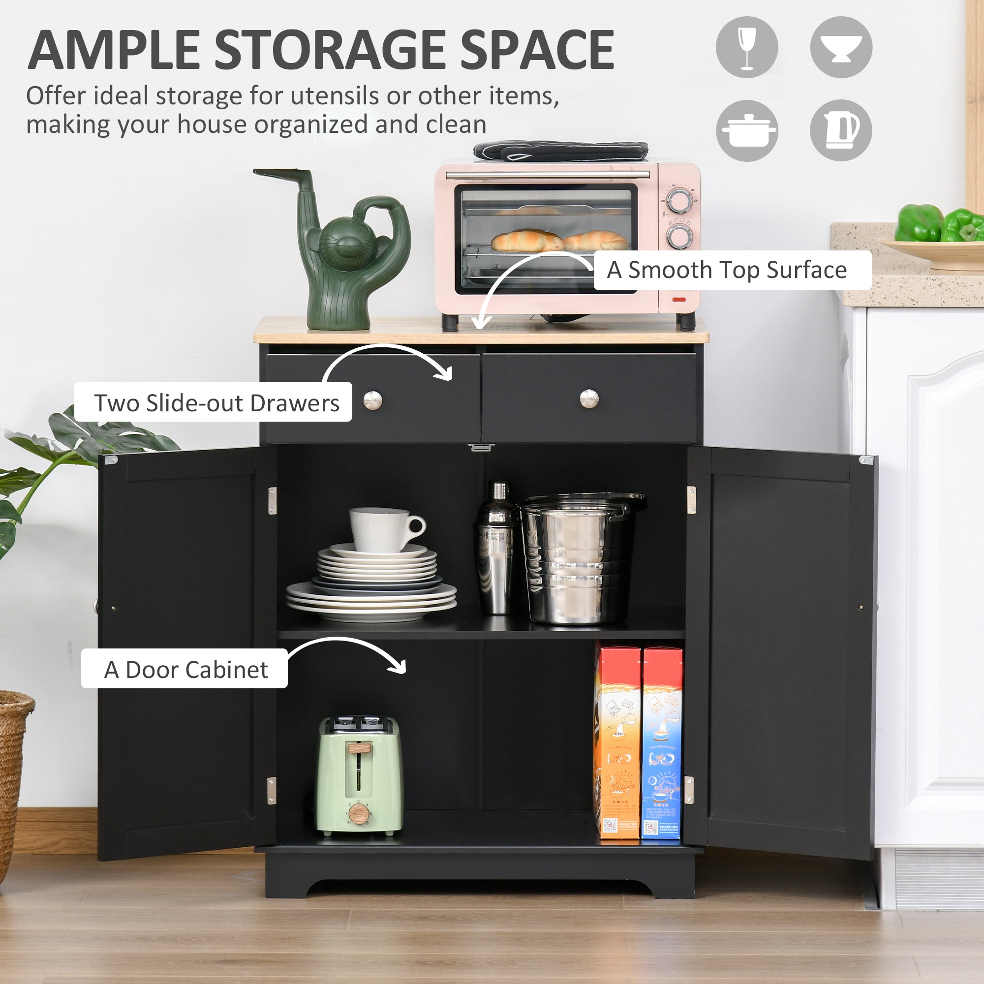 HOMCOM Sideboard Buffet Cabinet with Storage, 27" Kitchen Cabinet with Adjustable Shelf, 2 Drawers and 2 Doors, Coffee Bar Cabinet with Rubberwood Tabletop, Black