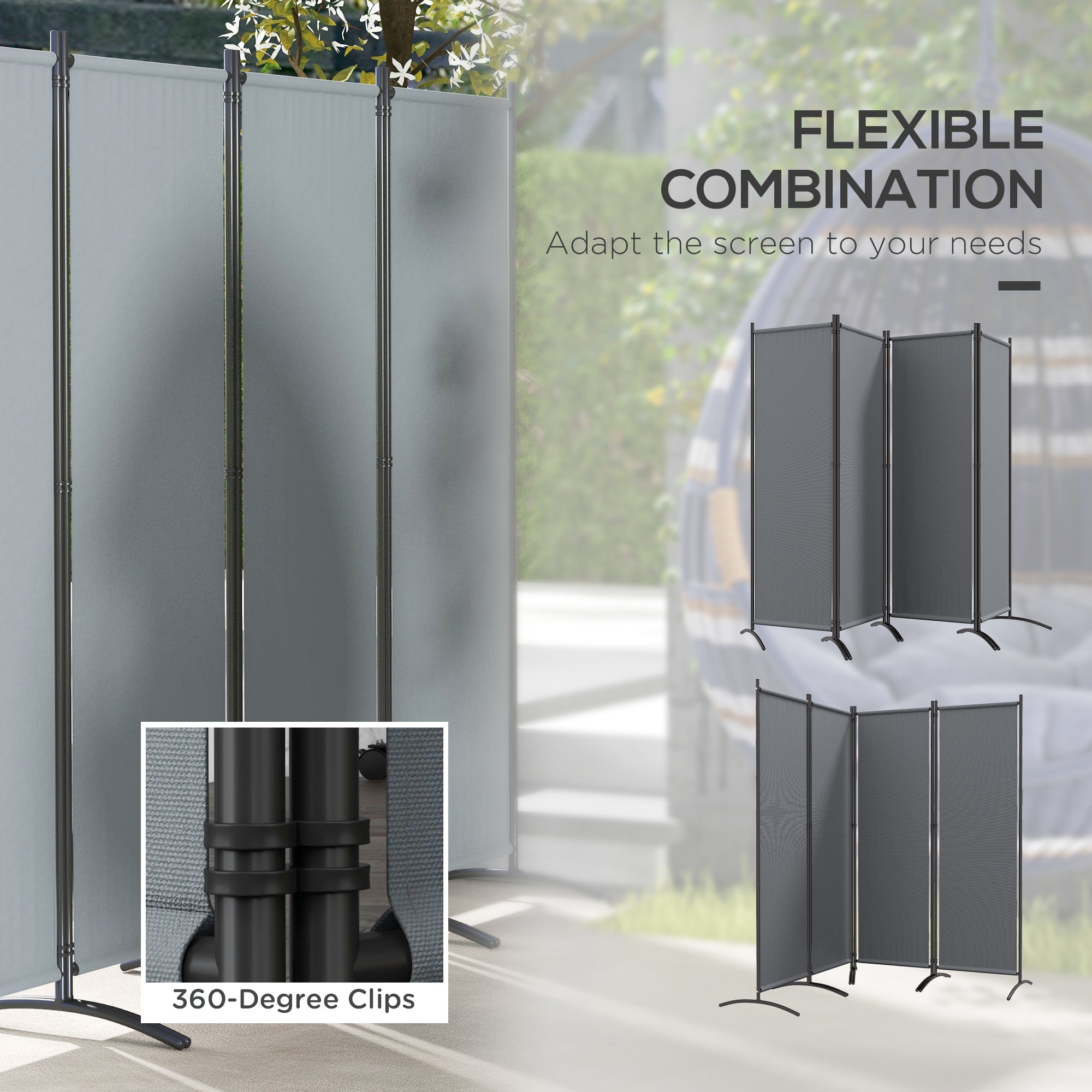 Outsunny 4 Panel Folding Room Divider, 5.6FT Privacy Screen with Wide Feet, Portable Freestanding Privacy Panel for Garden, Backyard, Deck, Pool, Hot Tub, Dark Grey