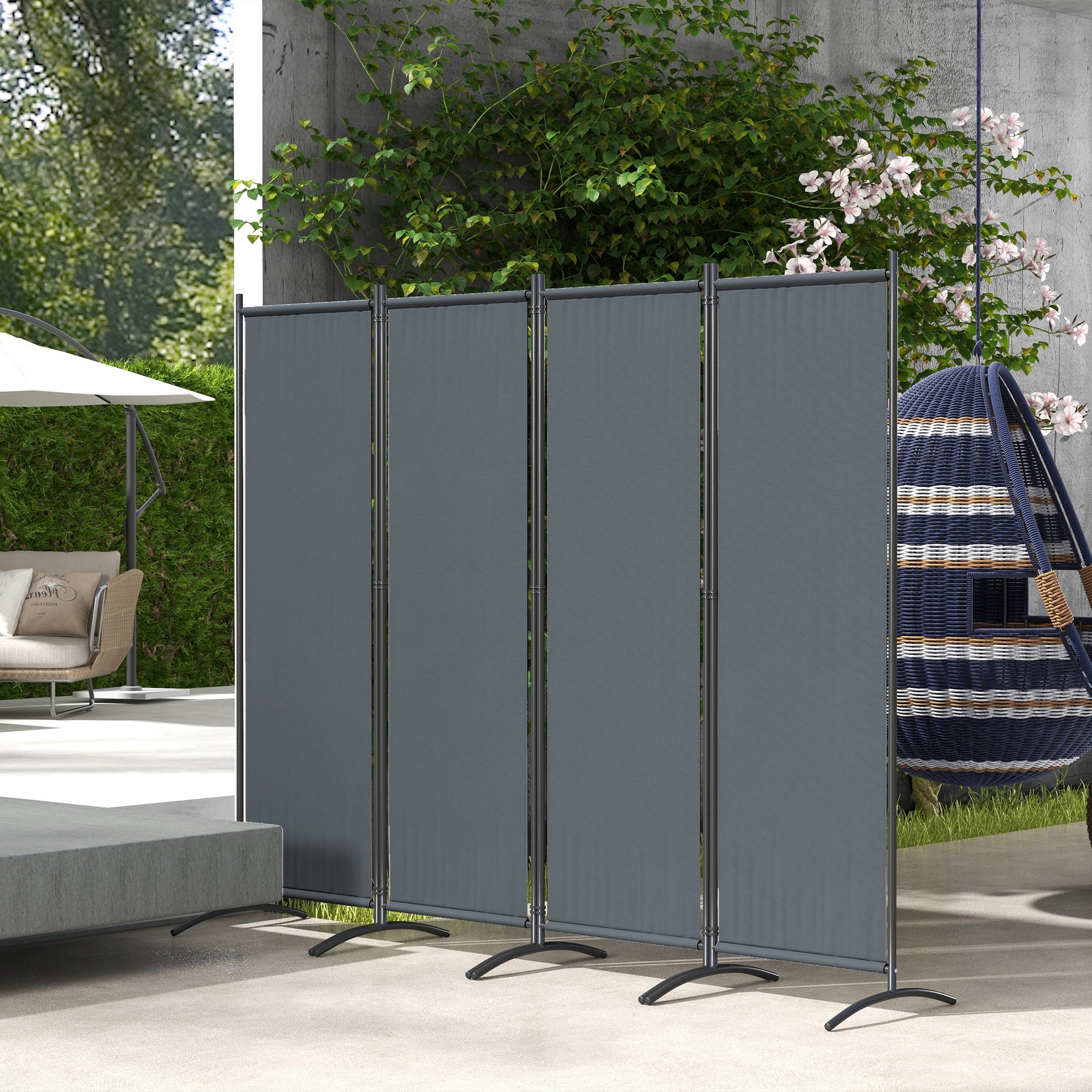 Outsunny 4 Panel Folding Room Divider, 5.6FT Privacy Screen with Wide Feet, Portable Freestanding Privacy Panel for Garden, Backyard, Deck, Pool, Hot Tub, Dark Grey