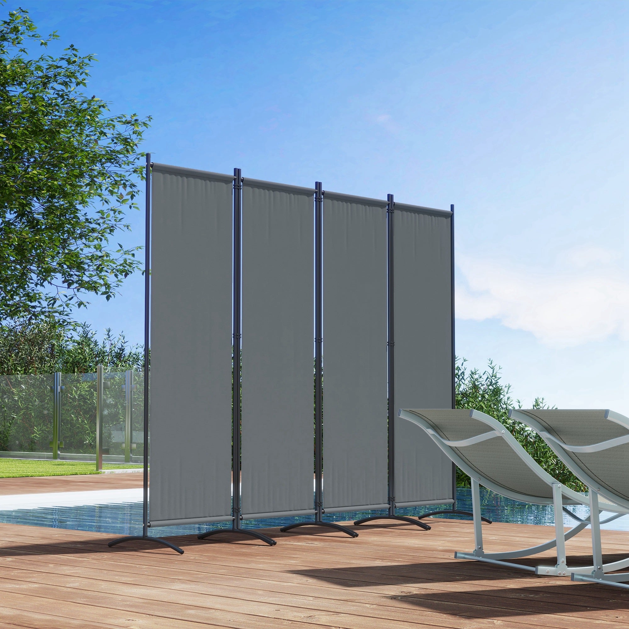Outsunny 4 Panel Folding Room Divider, 5.6FT Privacy Screen with Wide Feet, Portable Freestanding Privacy Panel for Garden, Backyard, Deck, Pool, Hot Tub, Dark Grey